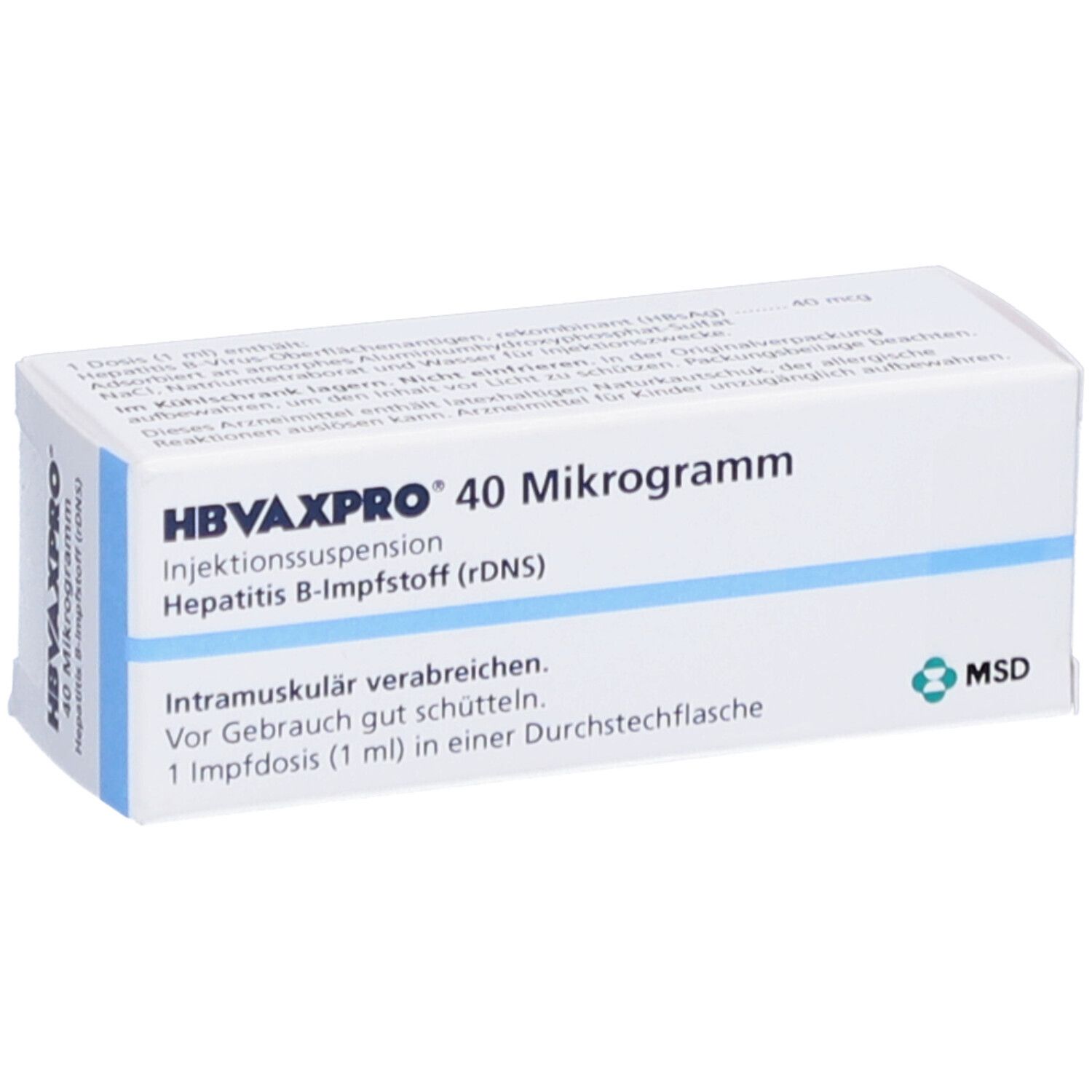 Weiße Verpackung von HBVAXPRO 40 Mikrogramm. Text: Injektionssuspension, Hepatitis B-Impfstoff (rDNS). MSD-Logo.