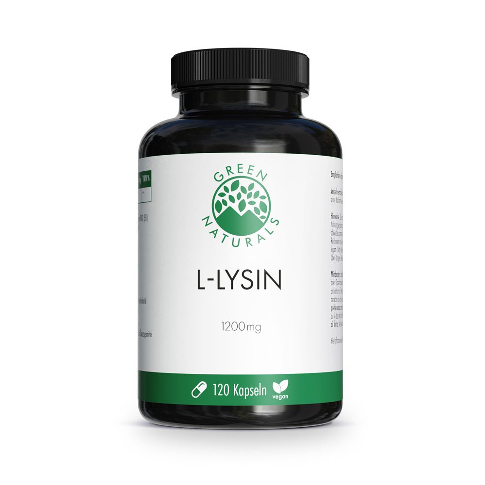 Grüne Flasche mit L-Lysin-Kapseln. Aufschrift: Green Naturals, L-Lysin 1200mg, 120 Kapseln, vegan.