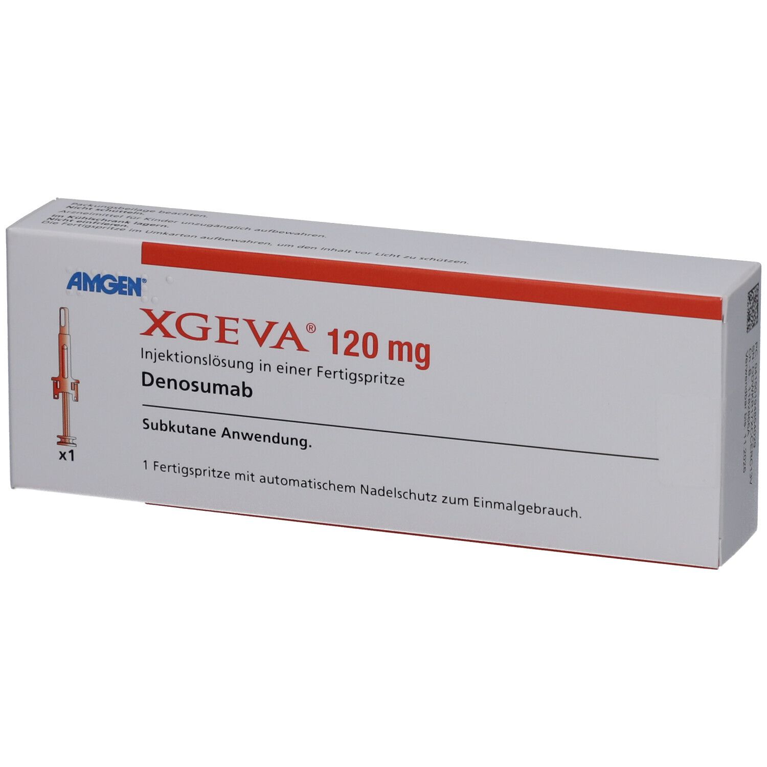 Schachtel mit XGEVA 120 mg Injektionslösung. Enthält Fertigspritze mit Nadelschutz. Hersteller: Amgen.