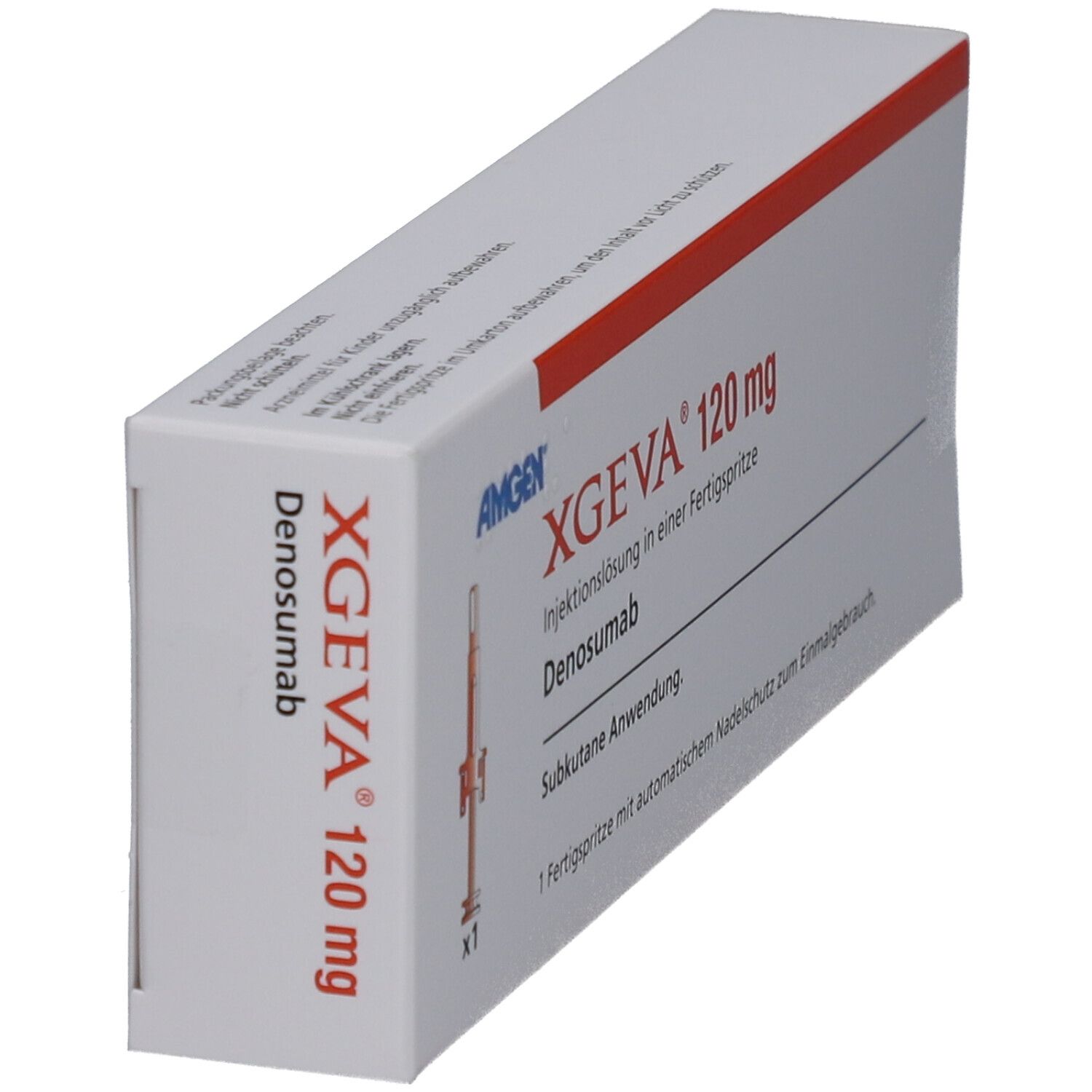 Schachtel XGEVA 120 mg. Aufdruck: Denosumab, Injektionslösung. Hersteller: Amgen. Rote Akzentlinie.