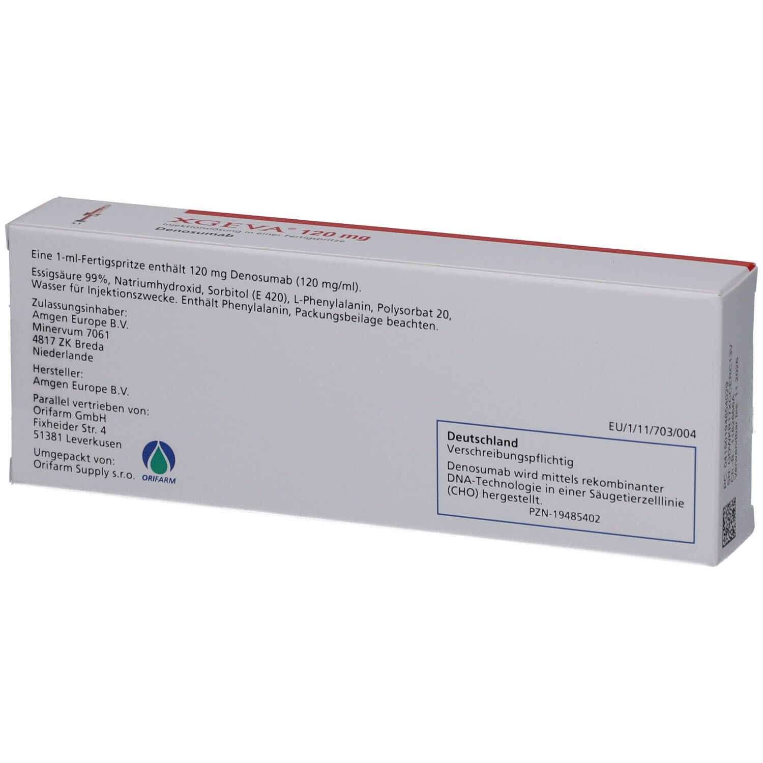 Rückseite der XGEVA-Schachtel. Text: Inhaltsstoffe, Hersteller, Chargennummer, Verschreibungspflichtig.