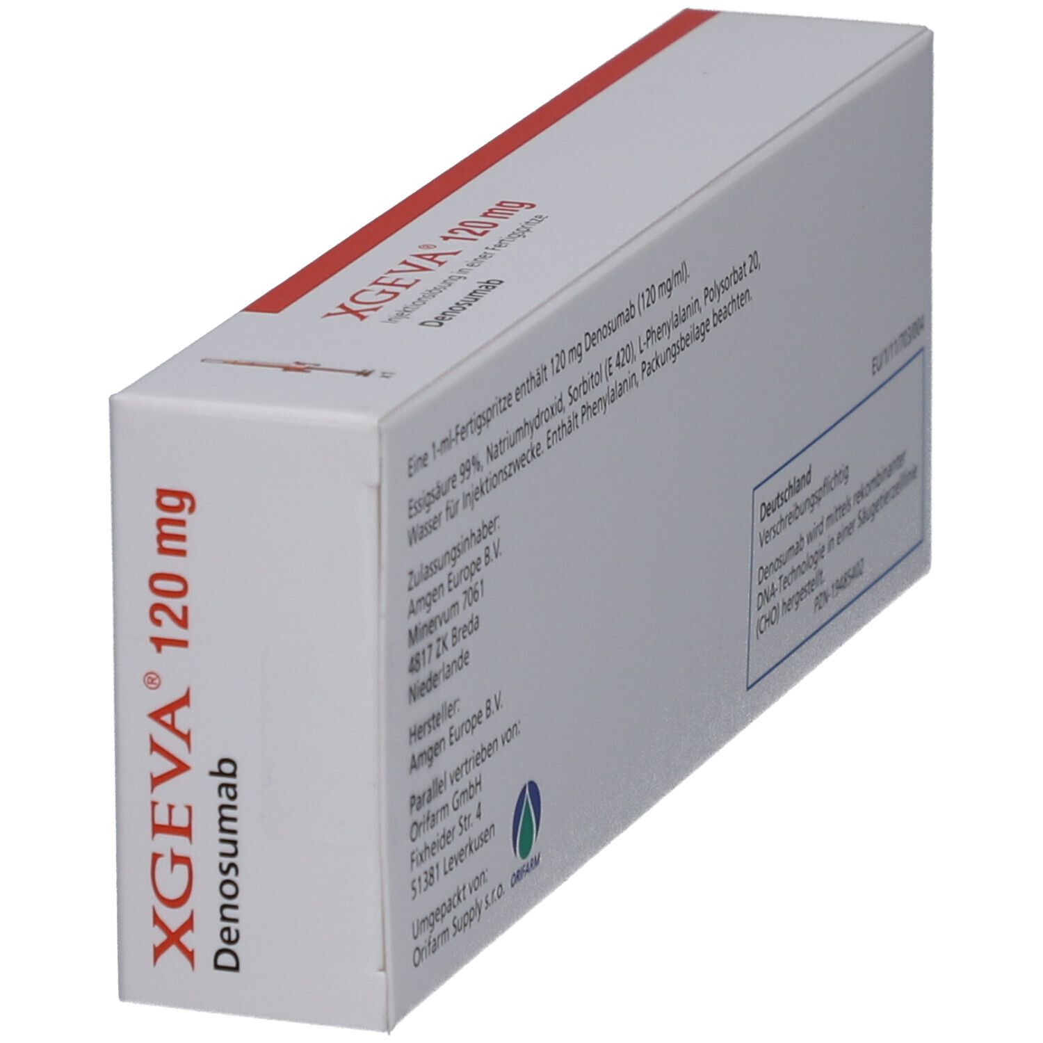 XGEVA 120 mg Schachtel, Seitenansicht. Text: Denosumab, Inhaltsstoffe, Hersteller, Chargennummer.