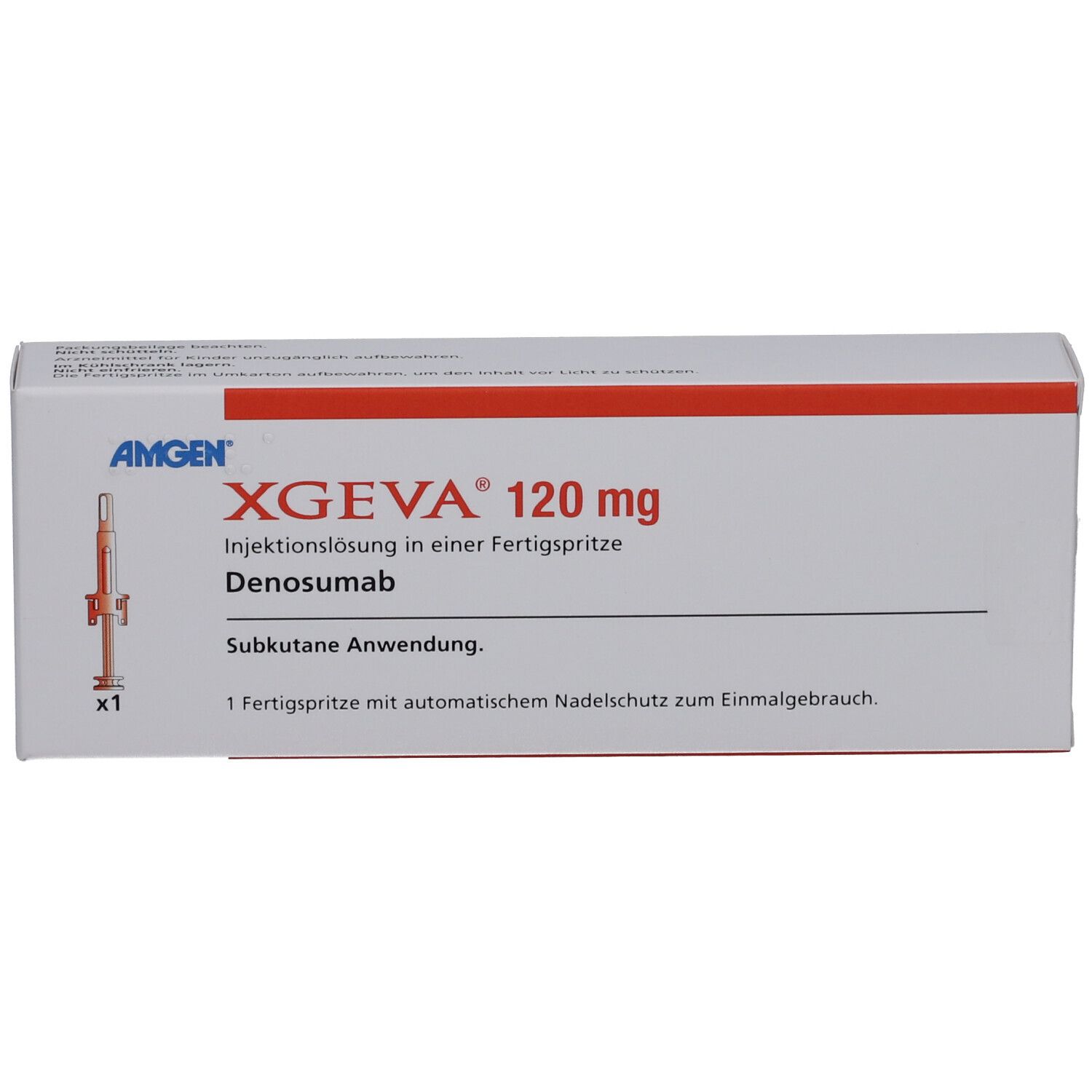 XGEVA 120 mg Schachtel. Fertigspritze abgebildet. Hersteller: Amgen. Subkutane Anwendung.