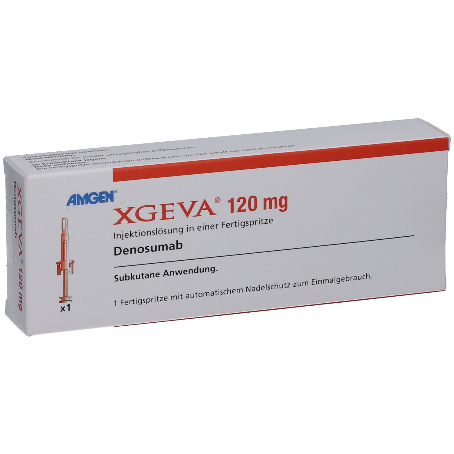 XGEVA 120 mg Schachtel. Fertigspritze abgebildet. Hersteller: Amgen. Subkutane Anwendung.