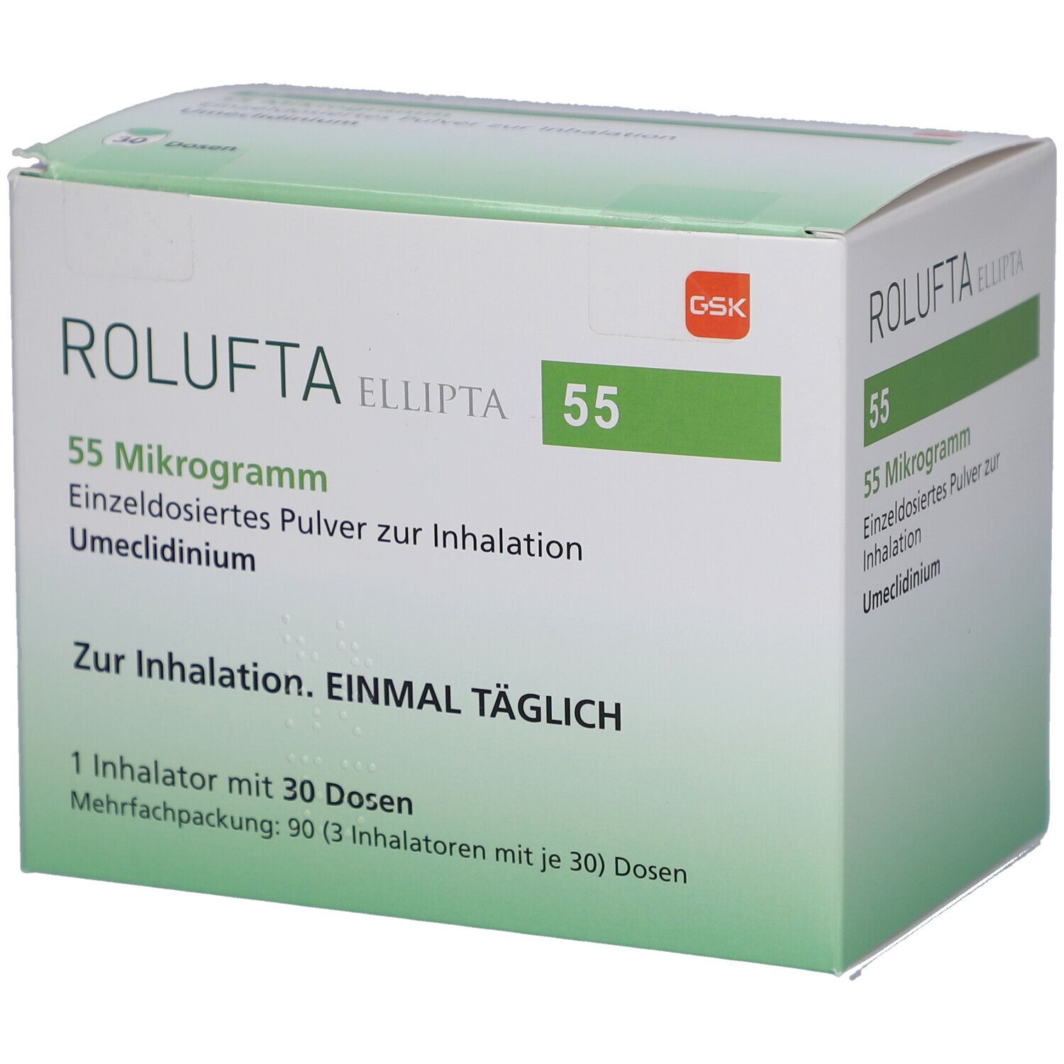 ROLUFTA Ellipta 55, Packung. Text: 55 Mikrogramm, Einzeldosiertes Pulver zur Inhalation, Umeclidinium. Zur Inhalation. 1 Inhalator mit 30 Dosen.