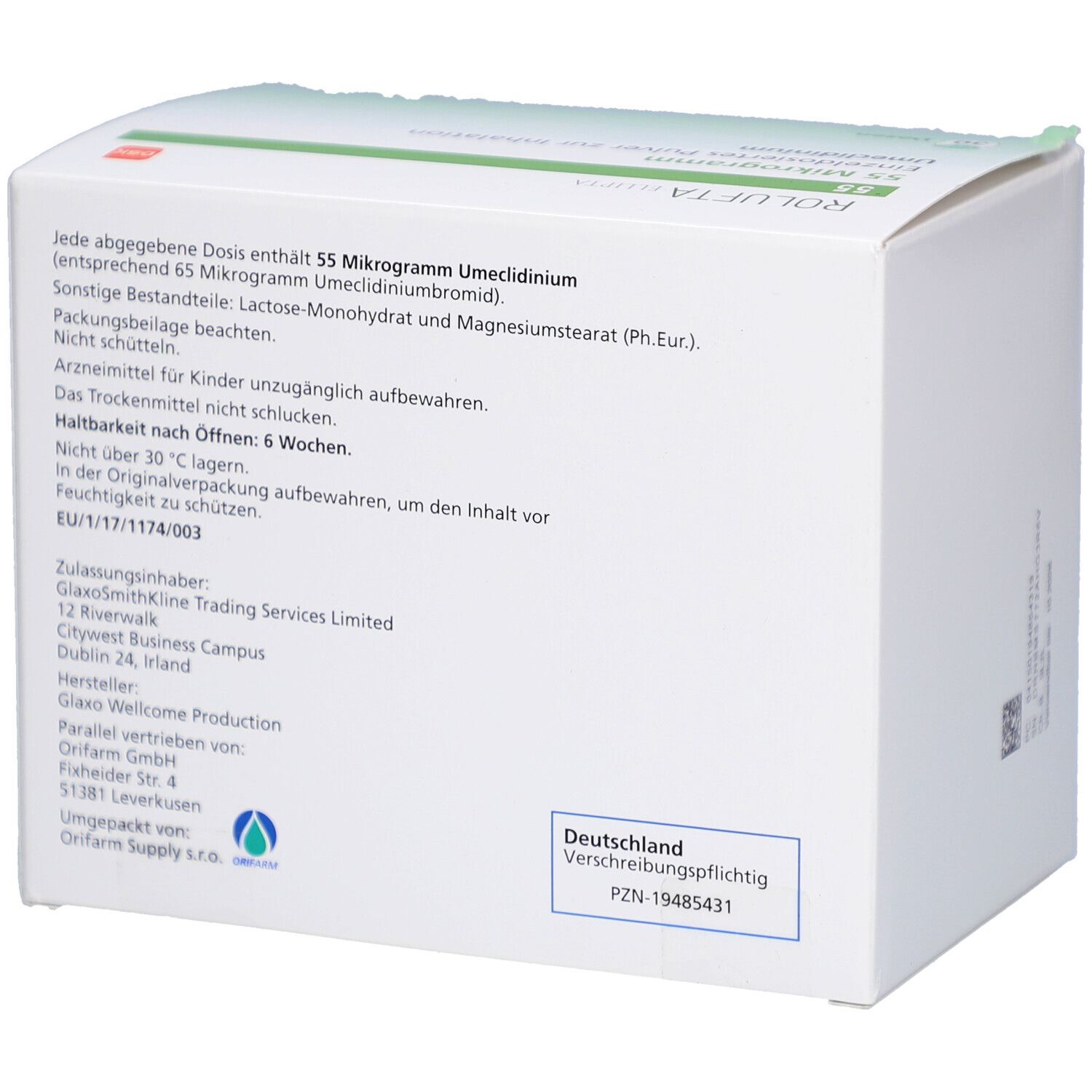 ROLUFTA Ellipta 55 Packung, Rückseite. Text: Inhaltsstoffe, Haltbarkeit, Herstellerinformationen. Deutschland, Verschreibungspflichtig. PZN 19485431.