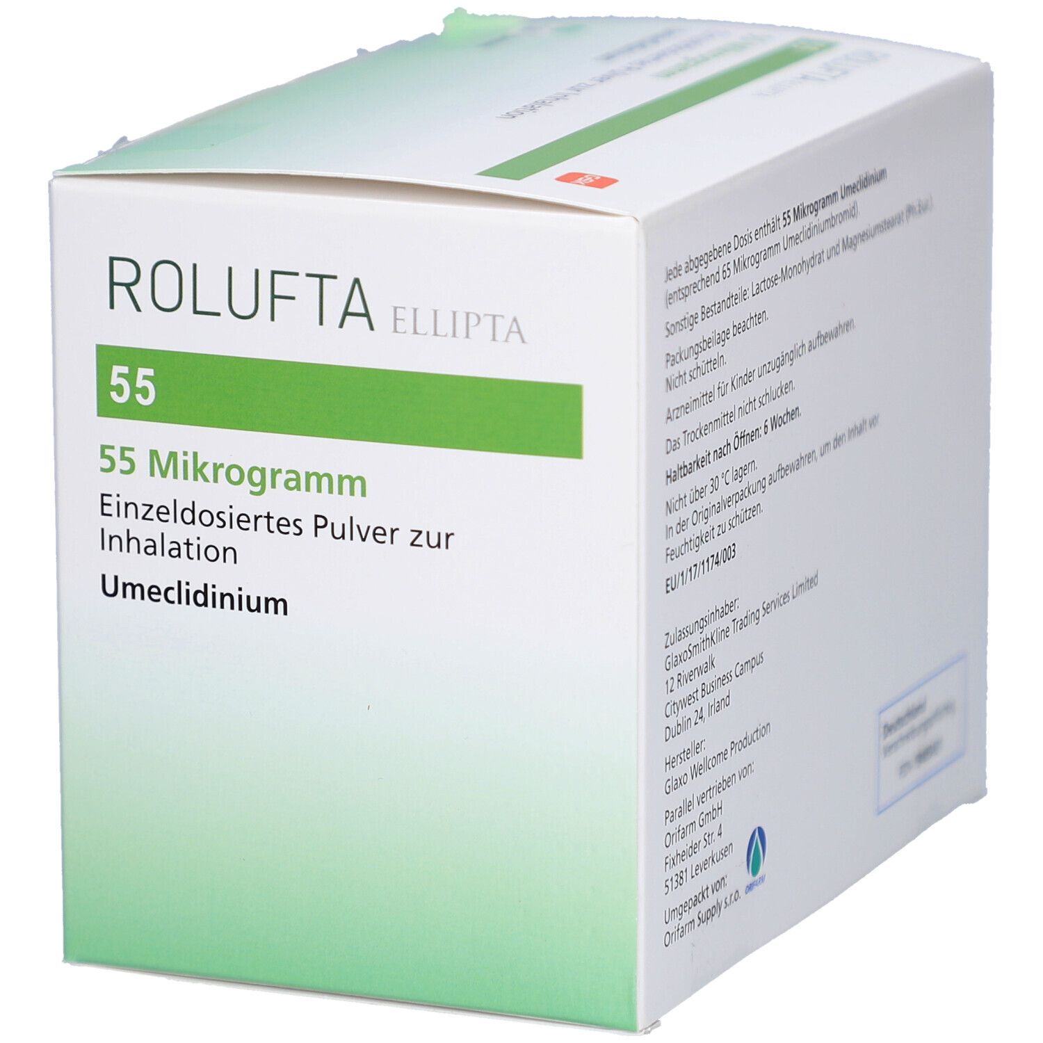 ROLUFTA Ellipta 55 Packung. Text: 55 Mikrogramm, Einzeldosiertes Pulver zur Inhalation, Umeclidinium. Zur Inhalation. Herstellerinformationen.