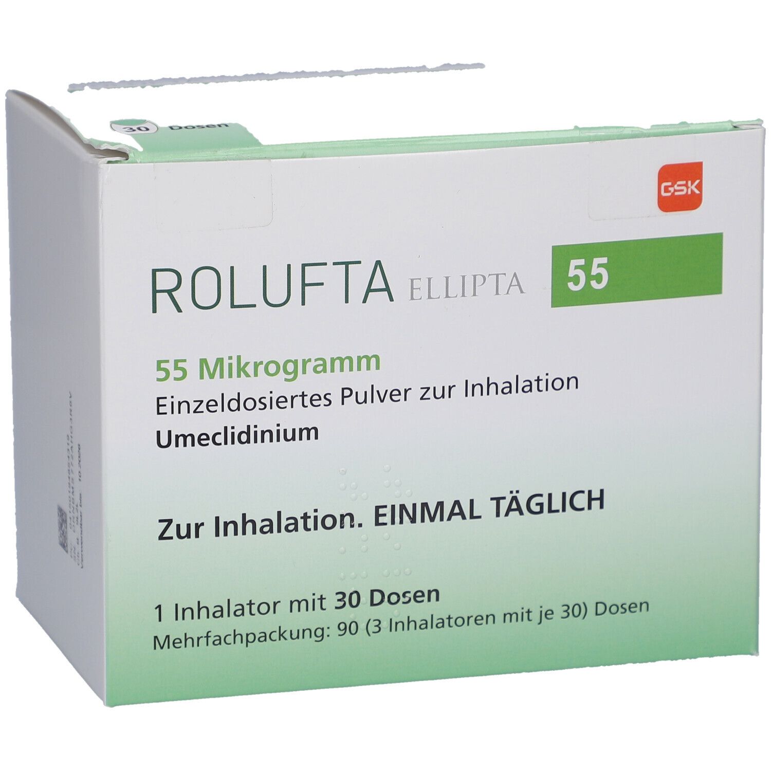 ROLUFTA Ellipta 55 Packung. Text: 55 Mikrogramm, Einzeldosiertes Pulver zur Inhalation, Umeclidinium. Zur Inhalation. 1 Inhalator mit 30 Dosen.