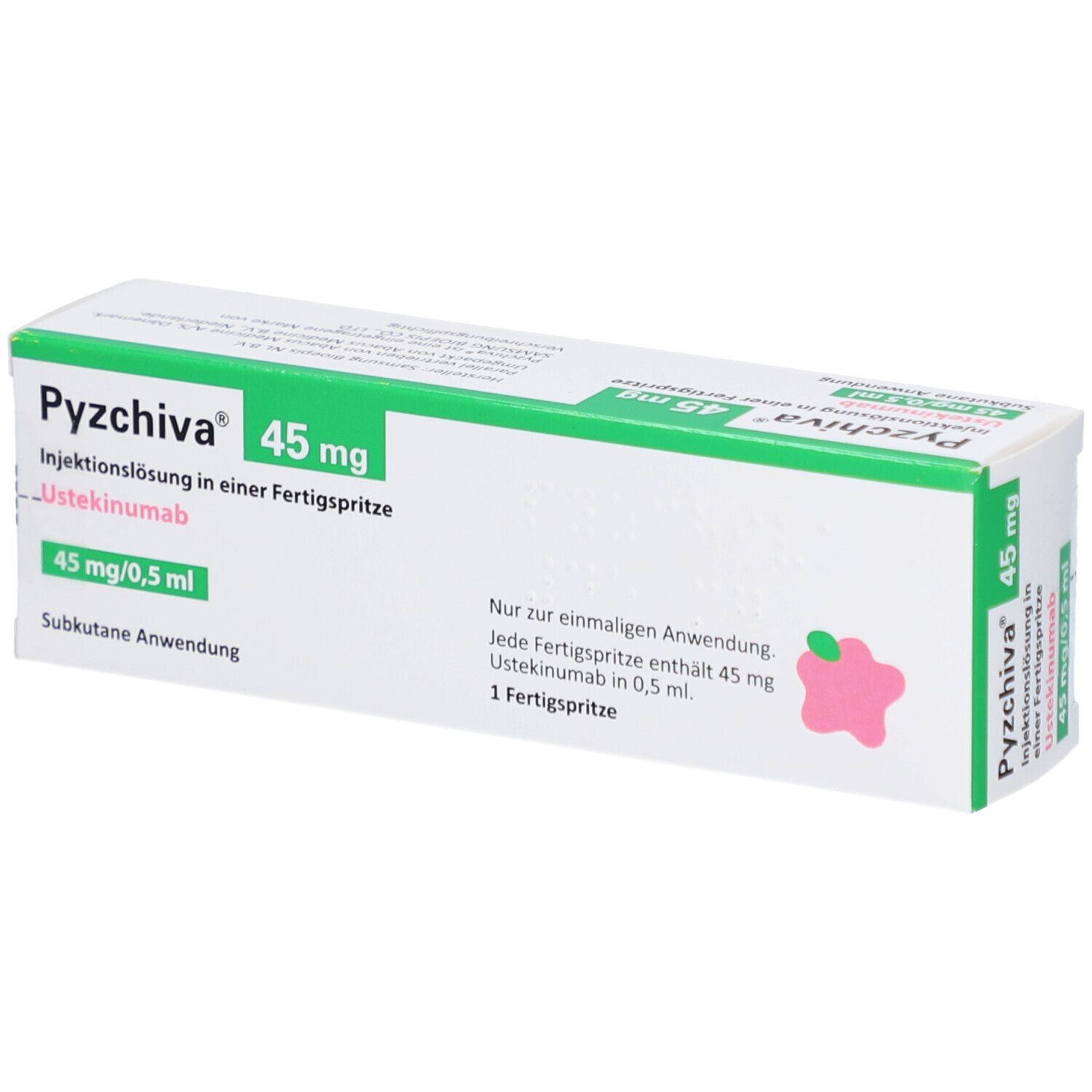 Weiße Schachtel mit grünen und rosa Akzenten. Beschriftung: PYZCHIVA 45 mg Injektionslösung. Fertigspritze.