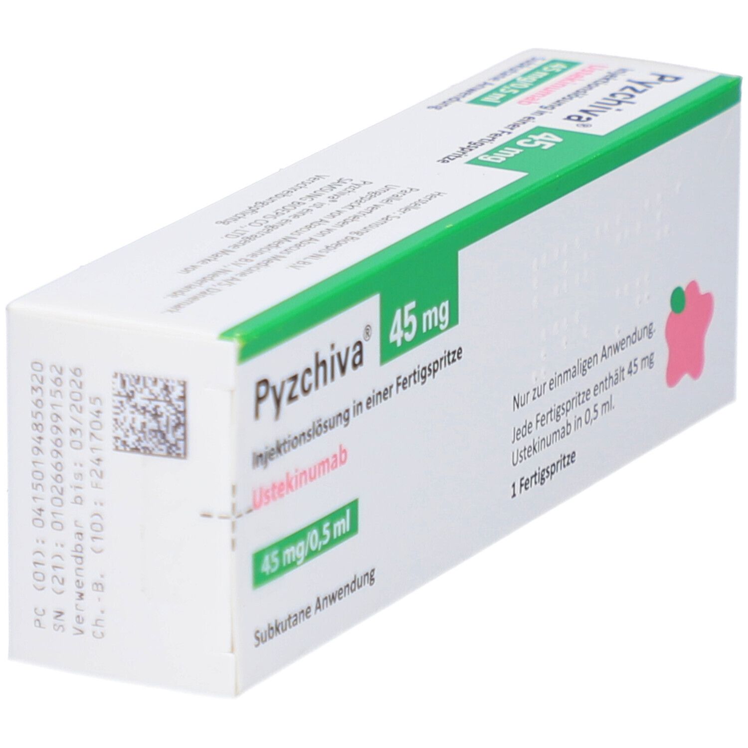 Schachtel mit PYZCHIVA 45 mg. Grüne und rosa Akzente. Text: Injektionslösung in Fertigspritze. 1 Fertigspritze.