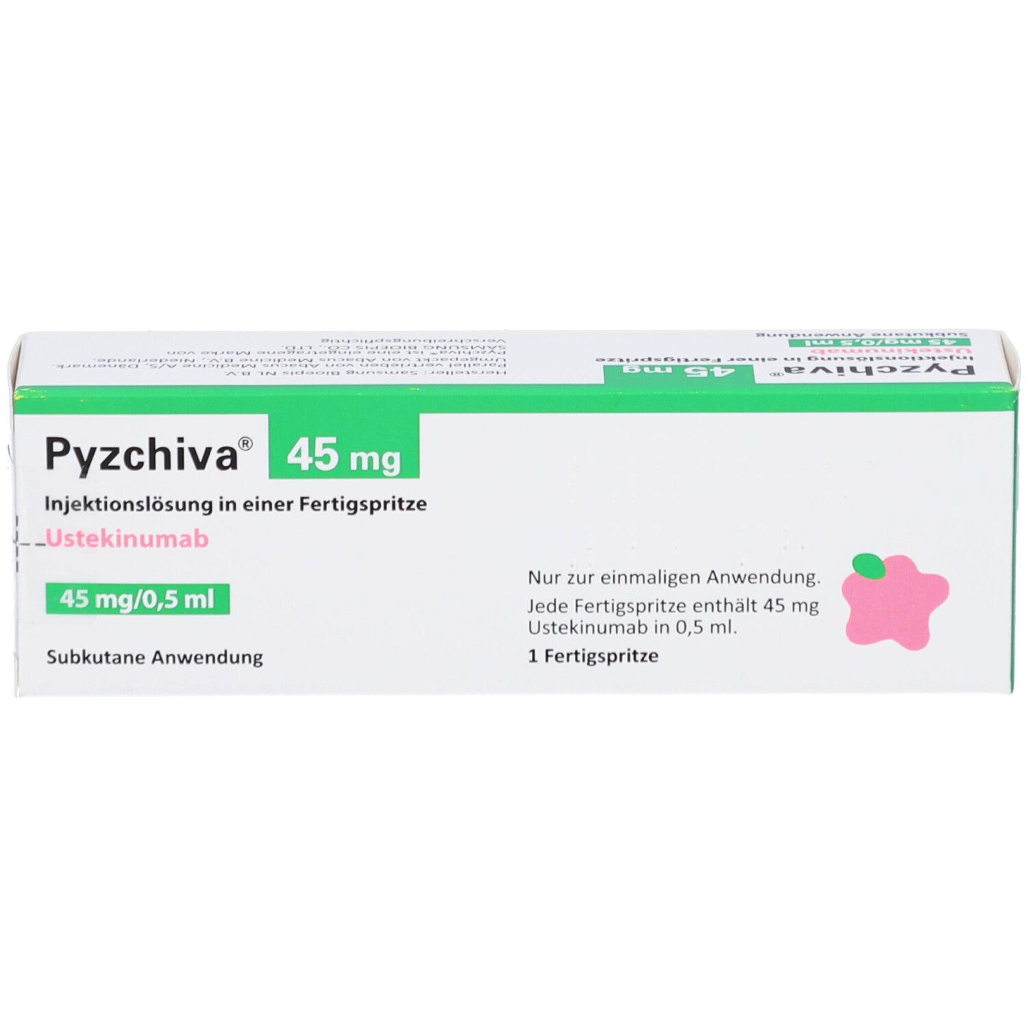Weiße Schachtel mit grünen und rosa Akzenten. Beschriftung: PYZCHIVA 45 mg Injektionslösung. Fertigspritze.