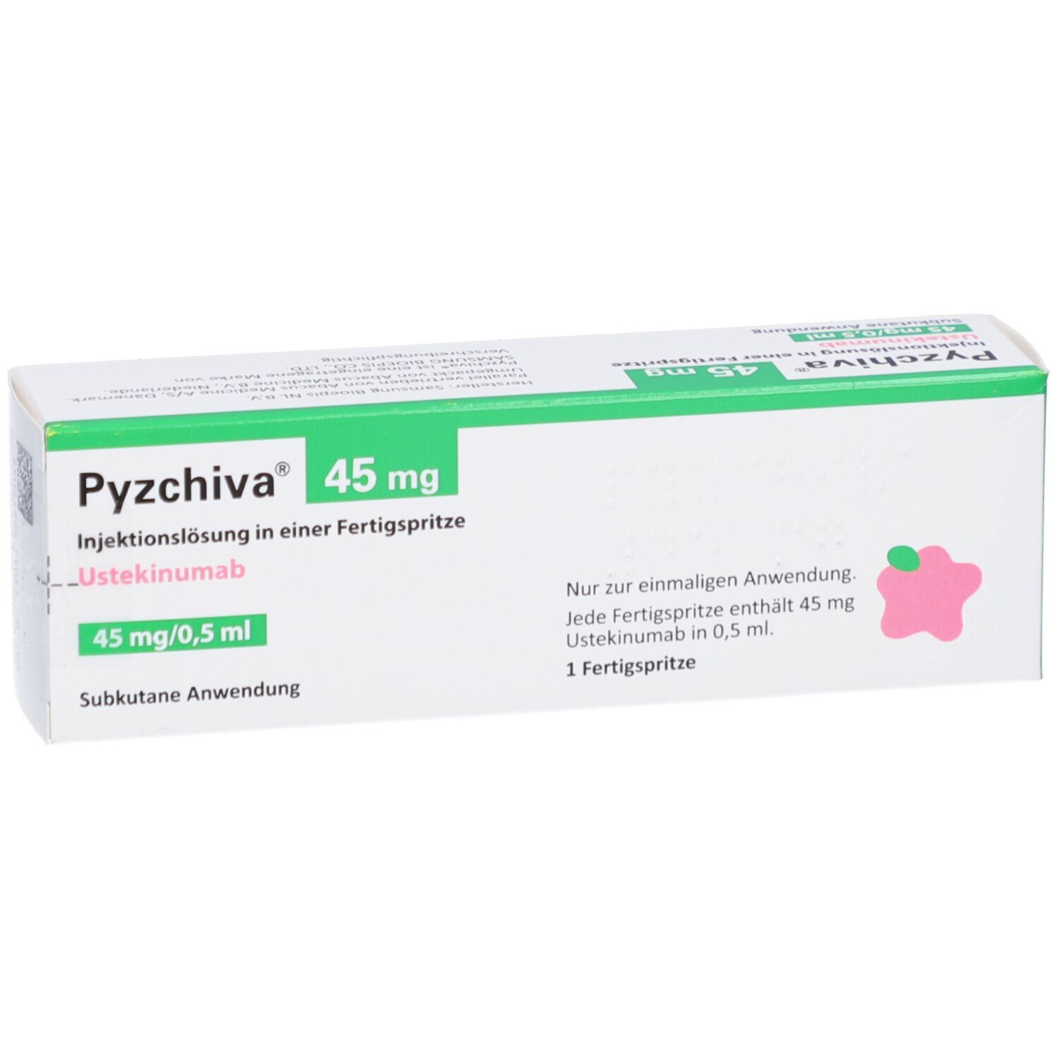 Weiße Schachtel mit grünen und rosa Akzenten. Beschriftung: PYZCHIVA 45 mg Injektionslösung. Fertigspritze.