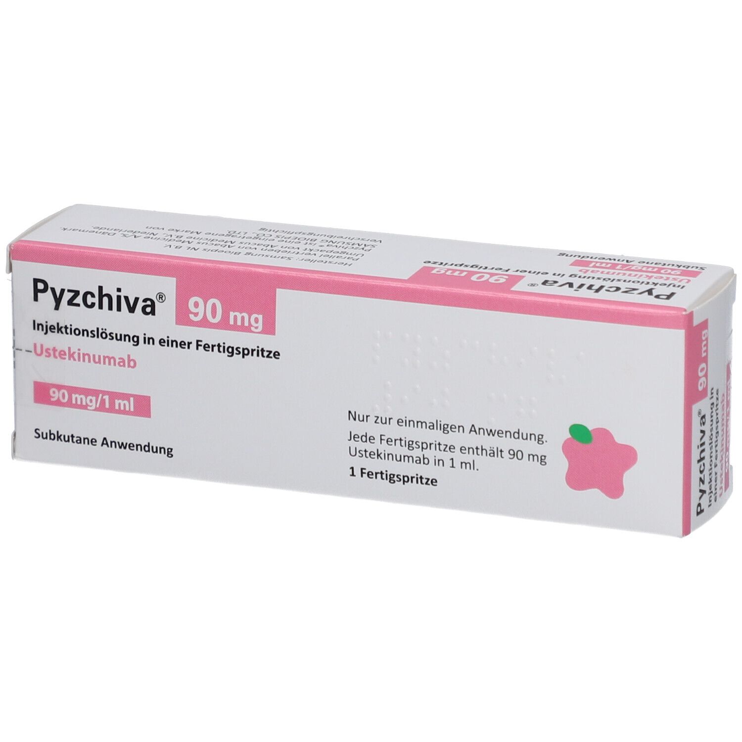 Karton von PYZCHIVA 90 mg Injektionslösung. Rosa und weiße Verpackung mit Produktinformationen und Logo.