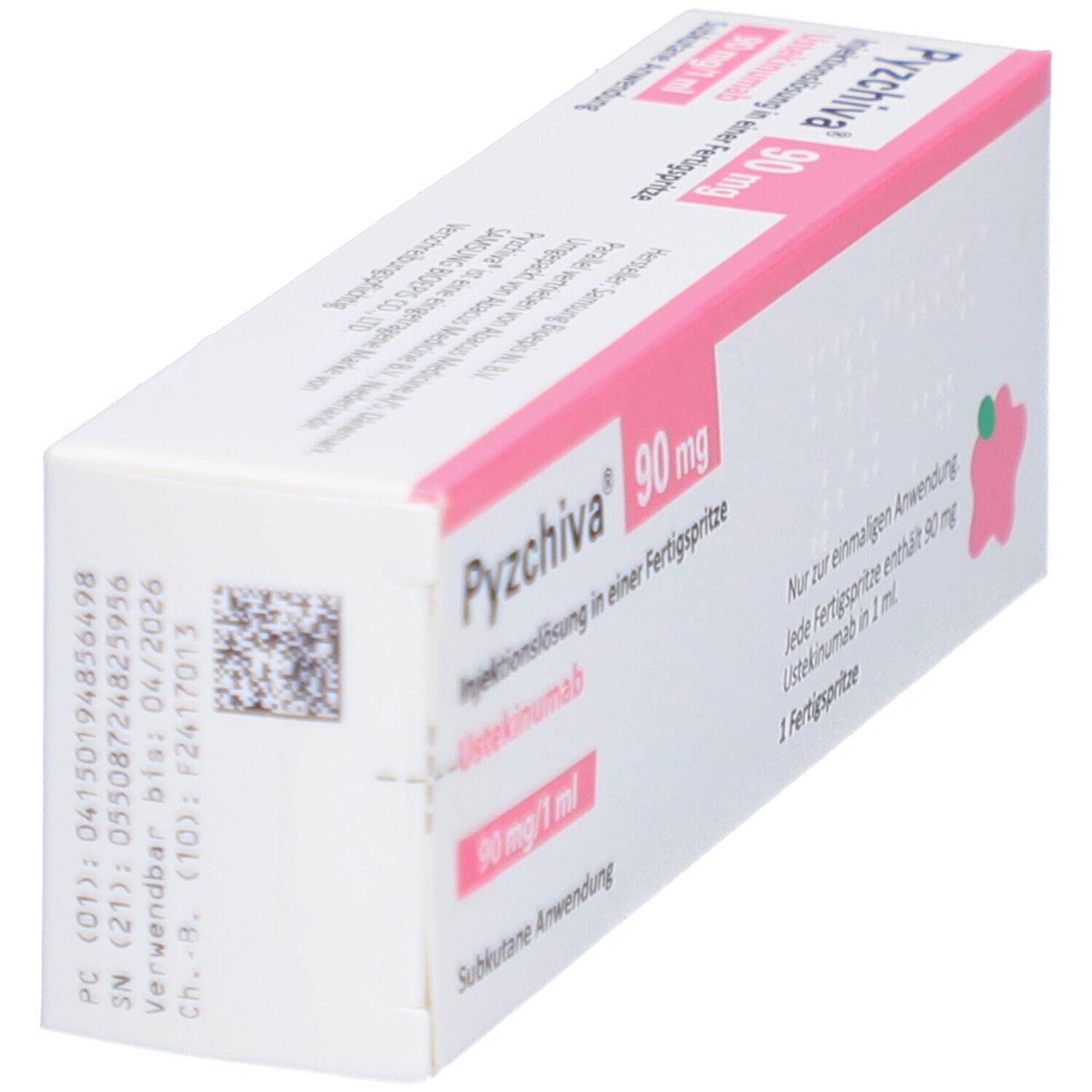 Schrägansicht der PYZCHIVA 90 mg Verpackung. Rosa und weiße Schachtel mit Produktnamen und Informationen.