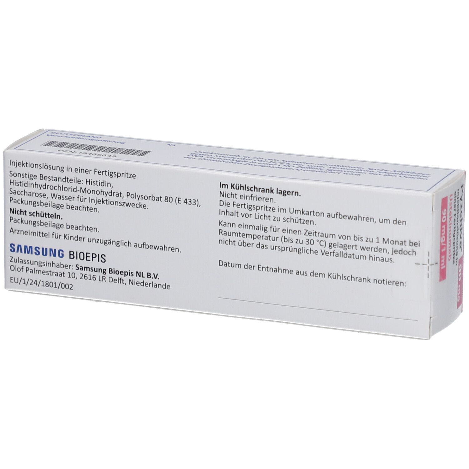 Rückseite der PYZCHIVA 90 mg Verpackung. Enthält Informationen zu Inhaltsstoffen und Hersteller.