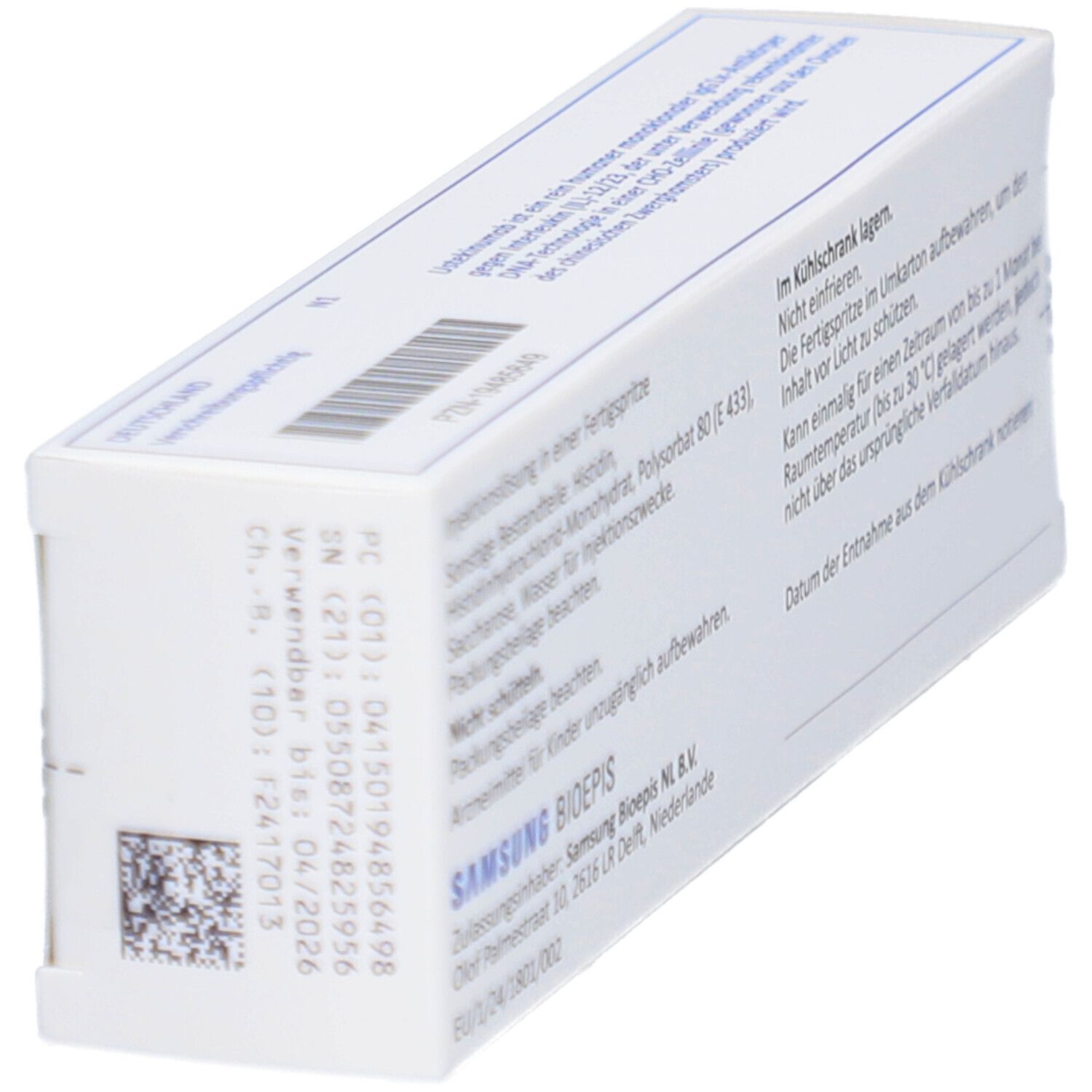 Schrägansicht der Rückseite der PYZCHIVA 90 mg Verpackung. Informationen zu Inhaltsstoffen und Hersteller.