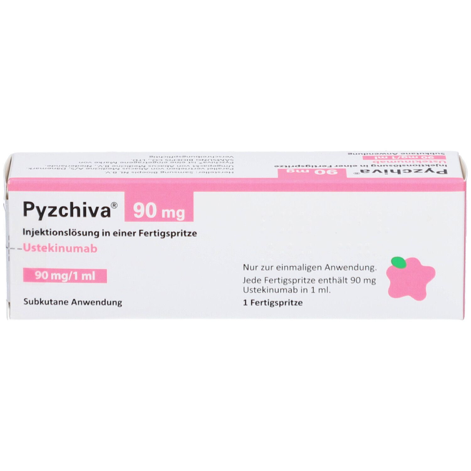 PYZCHIVA 90 mg Verpackung, Ansicht von oben. Rosa und weiße Schachtel mit Produktinformationen.