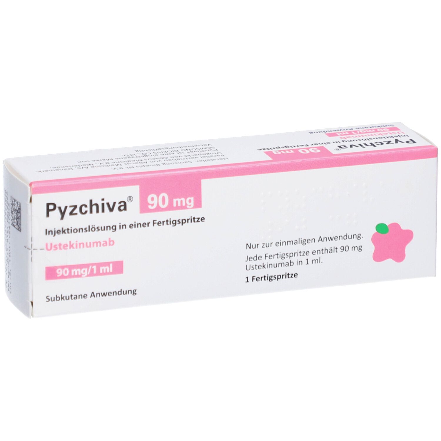 PYZCHIVA 90 mg Verpackung, Ansicht von oben. Rosa und weiße Schachtel mit Produktinformationen.