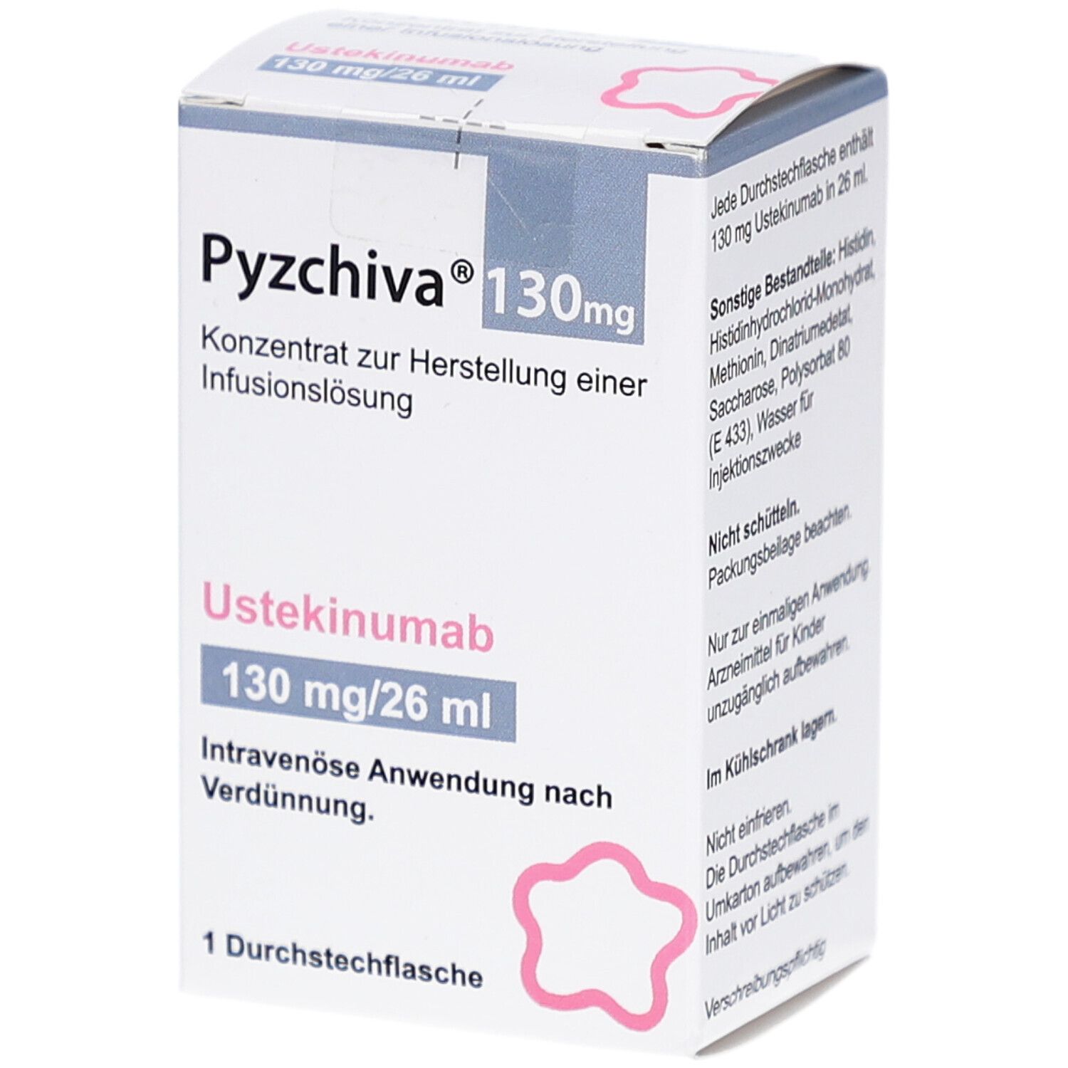 Karton von PYZCHIVA 130 mg, Konzentrat zur Herstellung einer Infusionslösung. Enthält Ustekinumab 130 mg/26 ml. 1 Durchstechflasche.
