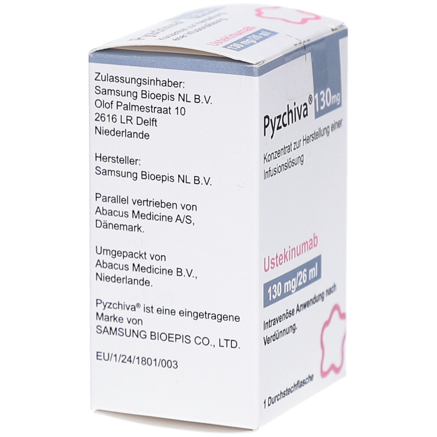 Karton von PYZCHIVA 130 mg. Aufschrift: Konzentrat zur Herstellung einer Infusionslösung. Hersteller: Samsung Bioepis NL B.V.