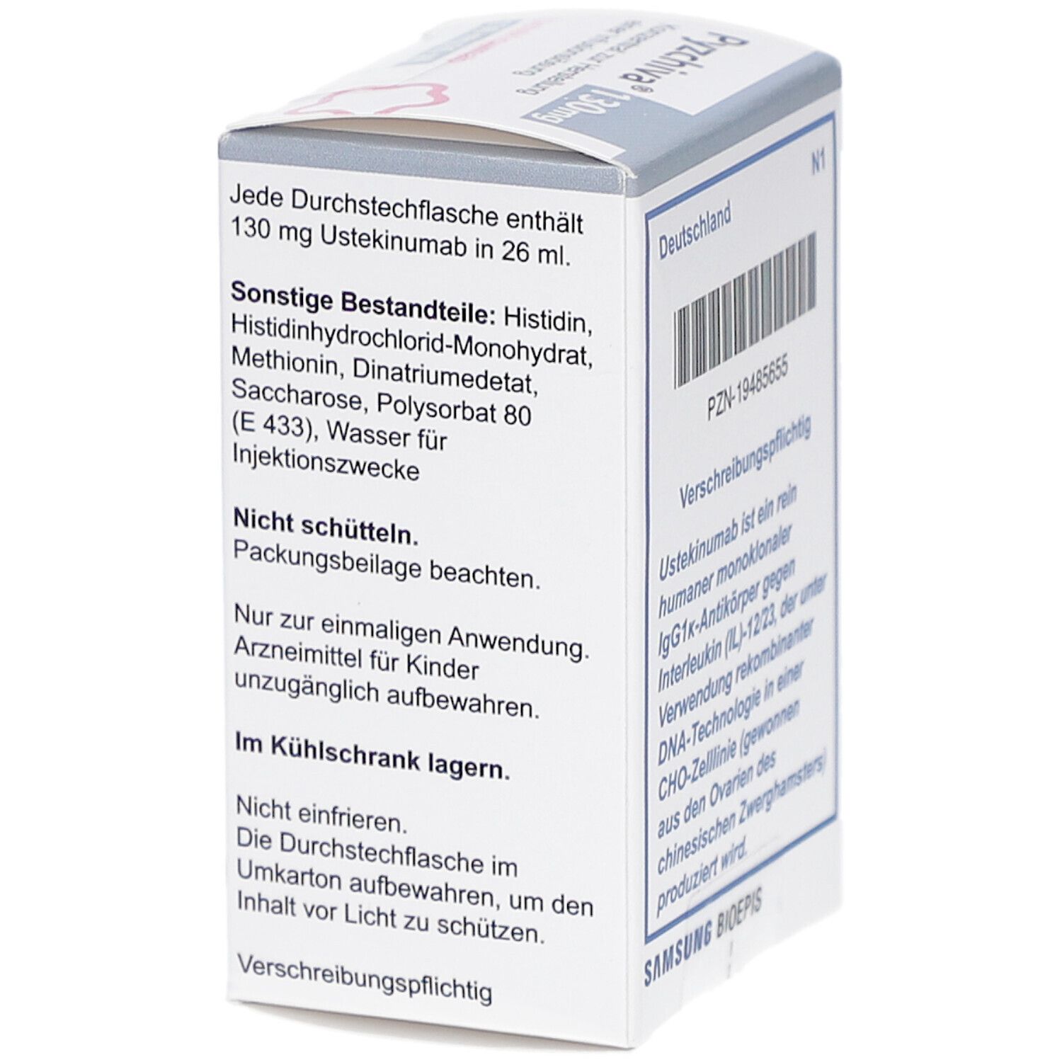 Karton mit Text: Jede Durchstechflasche enthält 130 mg Ustekinumab in 26 ml. Sonstige Bestandteile. Nicht schütteln. Im Kühlschrank lagern.