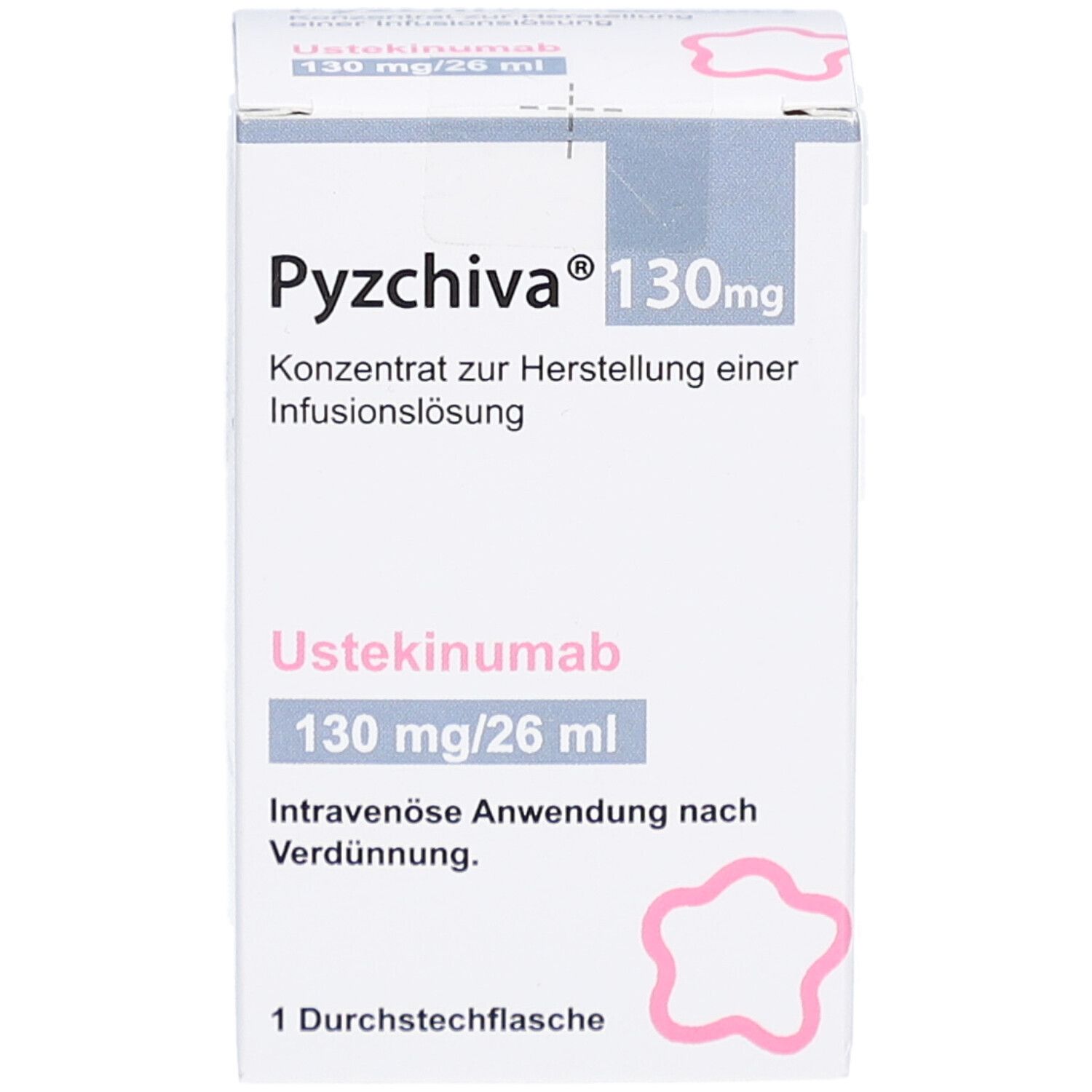 Karton von PYZCHIVA 130 mg, Konzentrat zur Herstellung einer Infusionslösung. Enthält Ustekinumab 130 mg/26 ml. 1 Durchstechflasche.