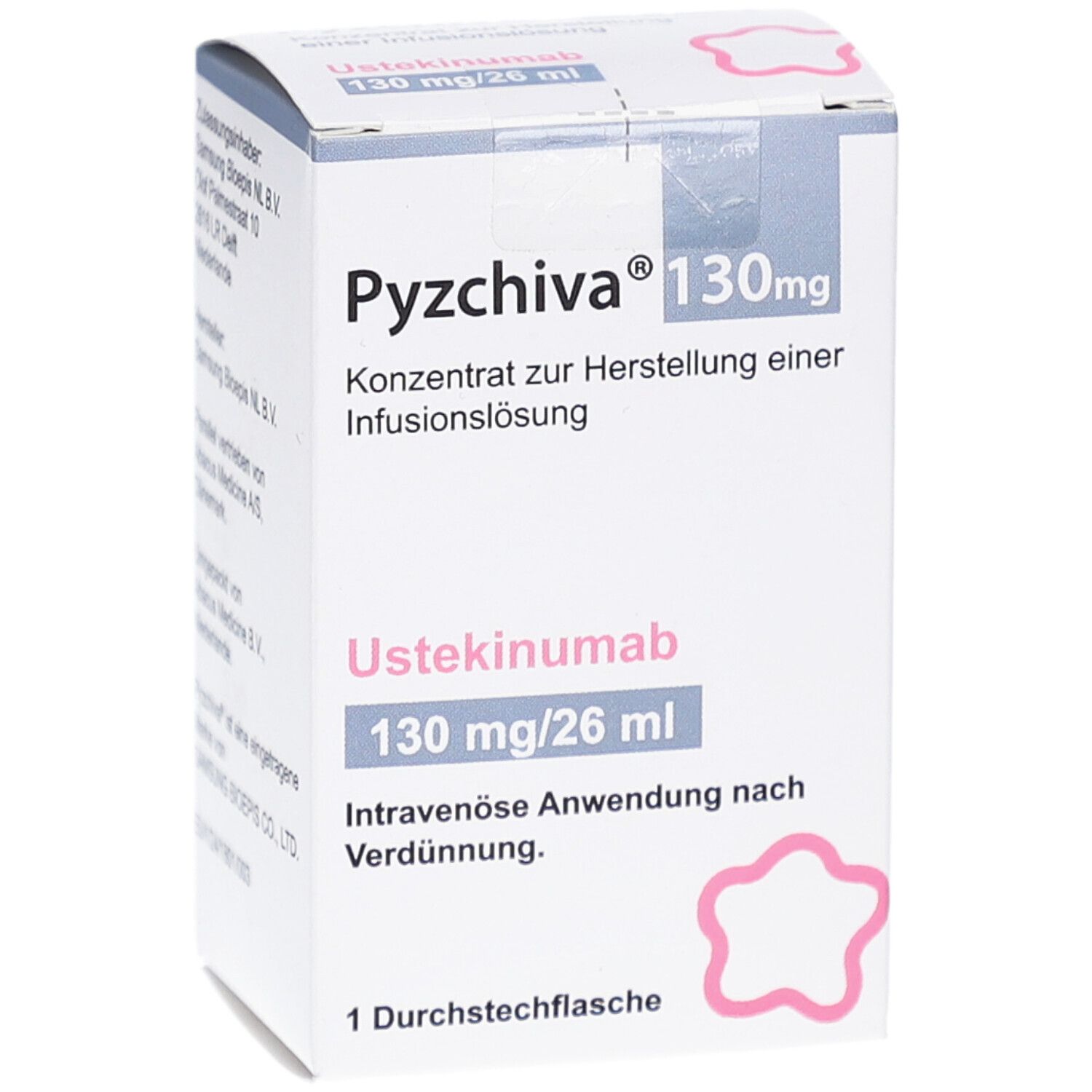 Karton von PYZCHIVA 130 mg, Konzentrat zur Herstellung einer Infusionslösung. Enthält Ustekinumab 130 mg/26 ml. 1 Durchstechflasche.