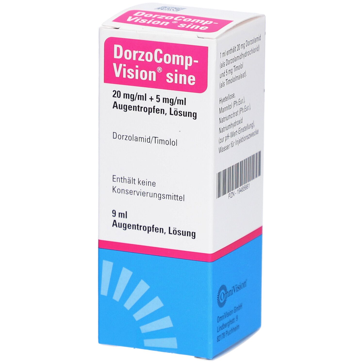 Augentropfen-Packung. Enthält 20 mg/ml + 5 mg/ml Augentropfen, Lösung. Enthält Dorzolamid/Timolol. 9 ml Augentropfen, Lösung.