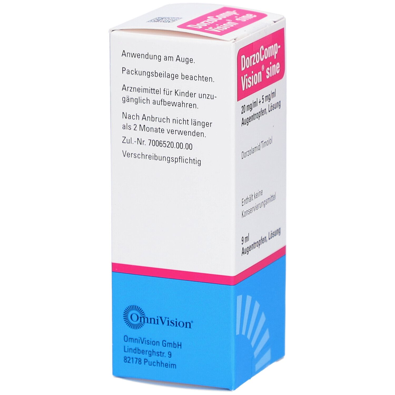 Augentropfen-Packung. Enthält Informationen zur Anwendung und Inhaltsstoffe. Marke: DorzoComp-Vision sine. 9 ml Augentropfen, Lösung.