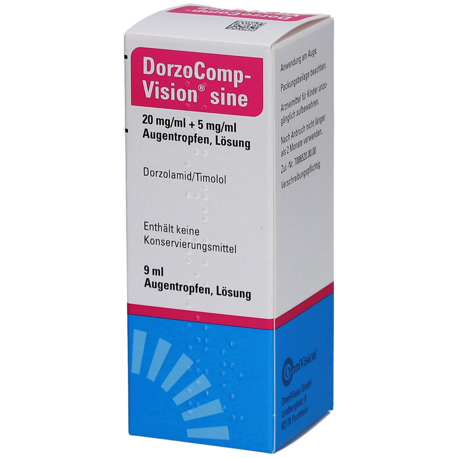 Augentropfen-Packung. Enthält Informationen zur Anwendung und Inhaltsstoffe. Marke: DorzoComp-Vision sine. 9 ml Augentropfen, Lösung.