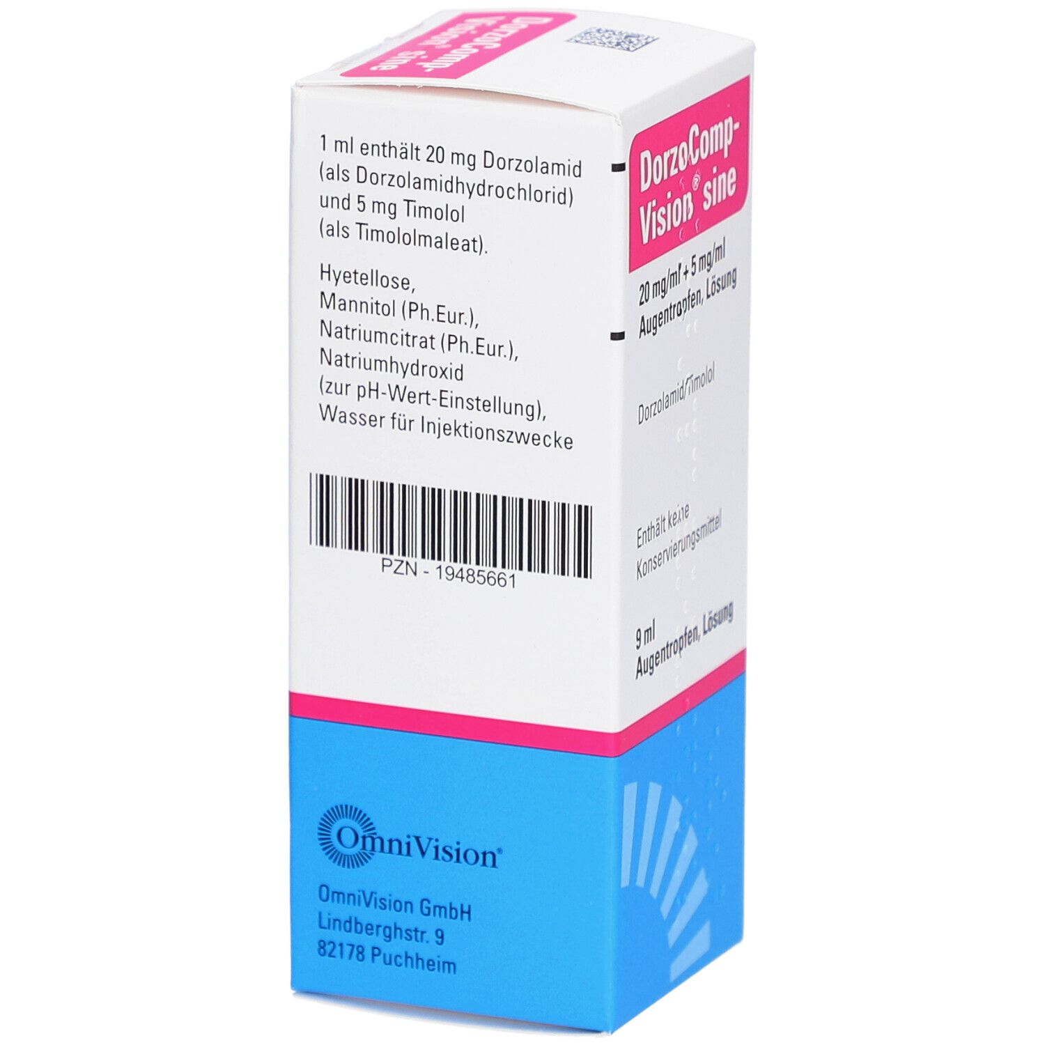 Augentropfen-Packung. Enthält Informationen zur Anwendung und Inhaltsstoffe. Marke: DorzoComp-Vision sine. 9 ml Augentropfen, Lösung.