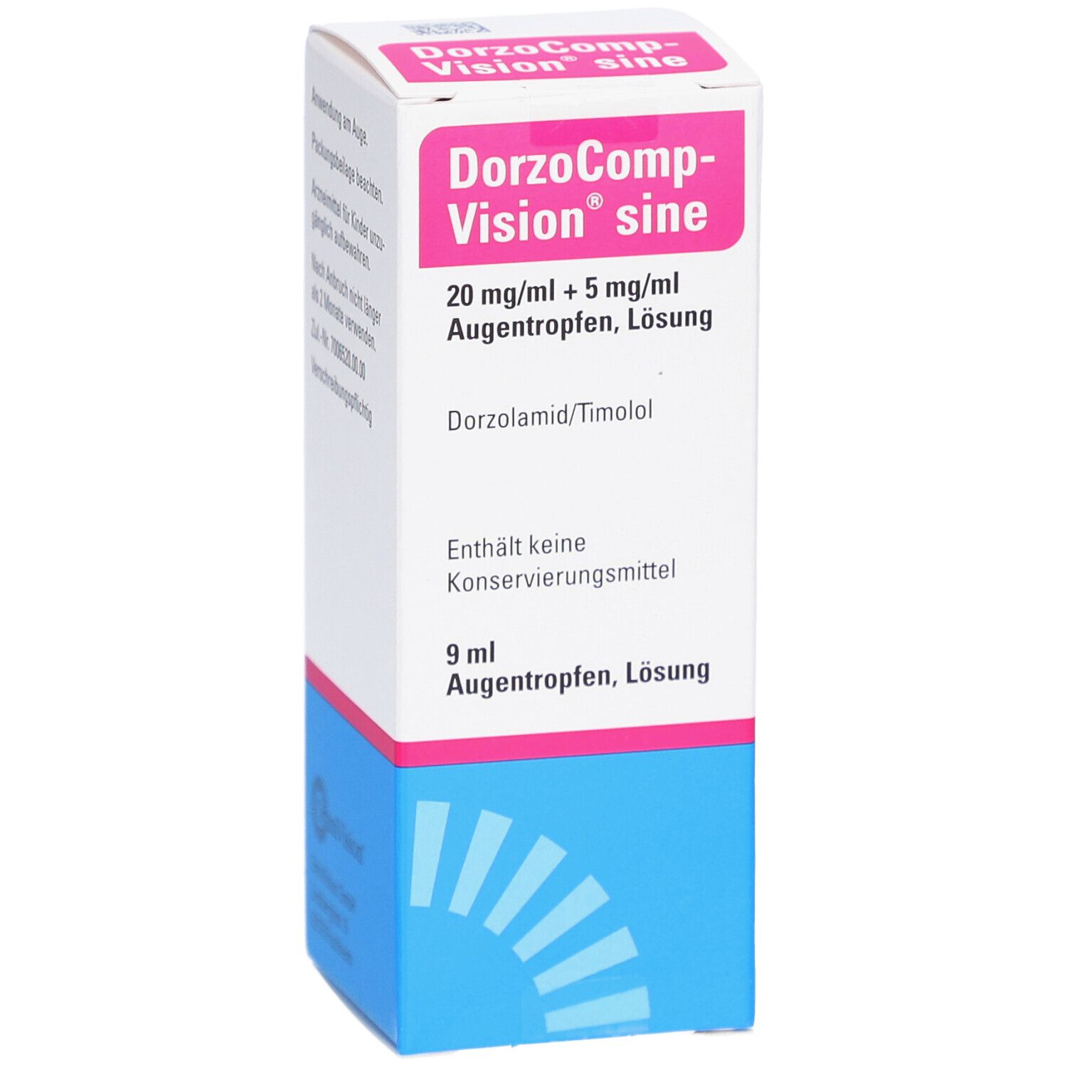 Augentropfen-Packung. Enthält 20 mg/ml + 5 mg/ml Augentropfen, Lösung. Enthält Dorzolamid/Timolol. 9 ml Augentropfen, Lösung.