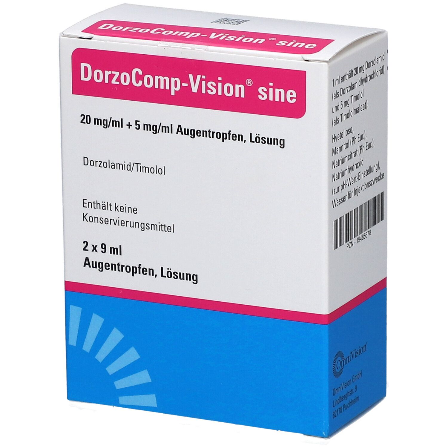 Verpackung von DorzoComp-Vision sine Augentropfen. Enthält 2 x 9 ml Lösung. Aufschrift: 20 mg/ml + 5 mg/ml Augentropfen, Lösung.