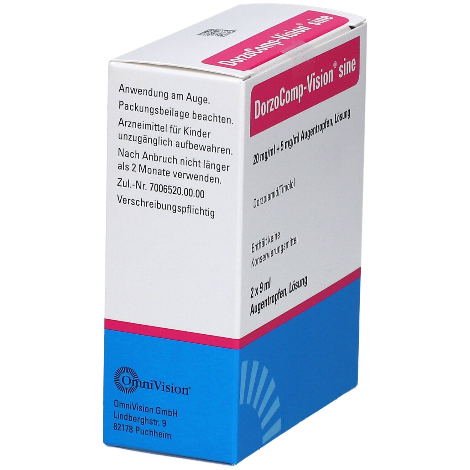 Verpackung von DorzoComp-Vision sine Augentropfen. Enthält 2 x 9 ml Lösung. Aufschrift: 20 mg/ml + 5 mg/ml Augentropfen, Lösung.
