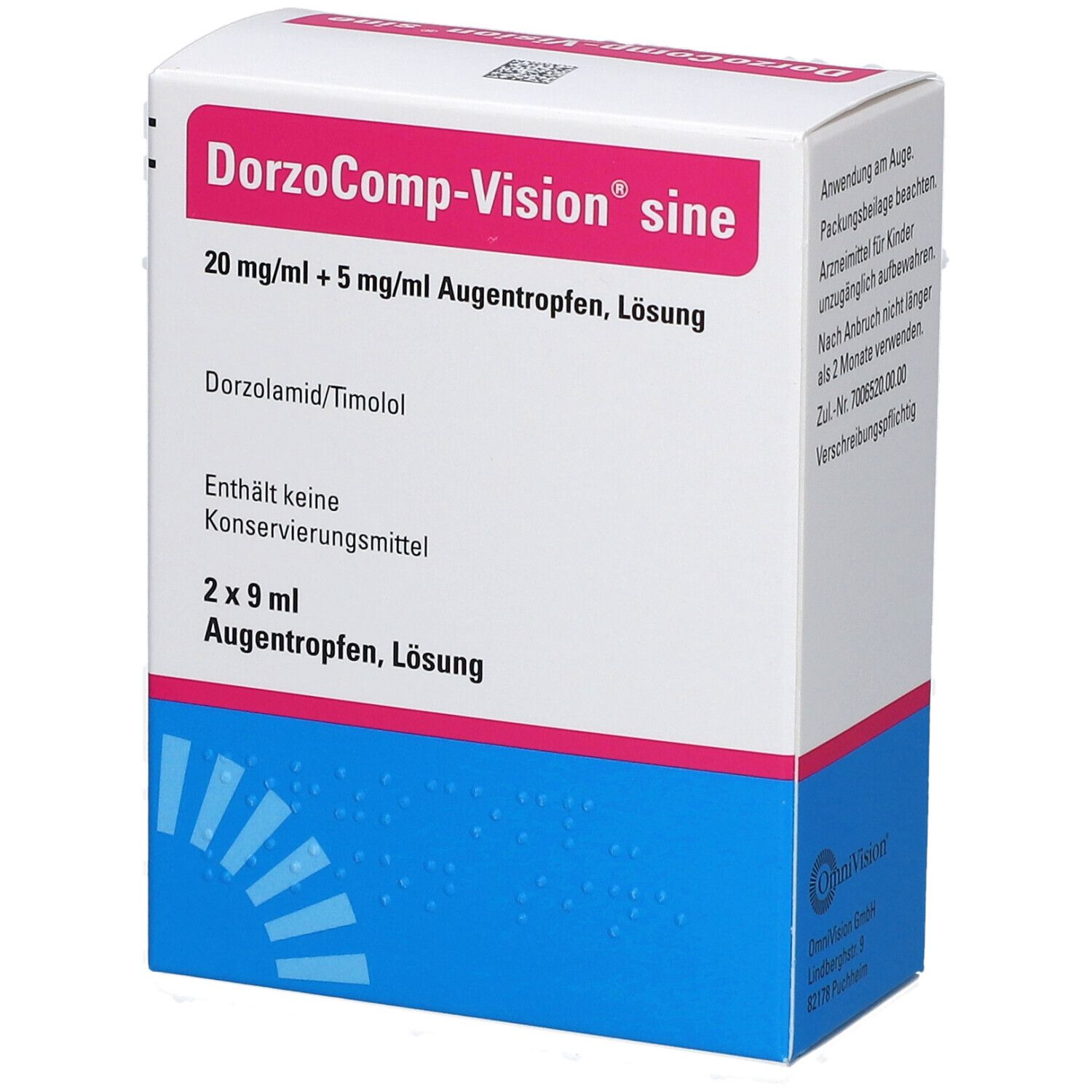 Verpackung von DorzoComp-Vision sine Augentropfen. Enthält 2 x 9 ml Lösung. Aufschrift: 20 mg/ml + 5 mg/ml Augentropfen, Lösung.