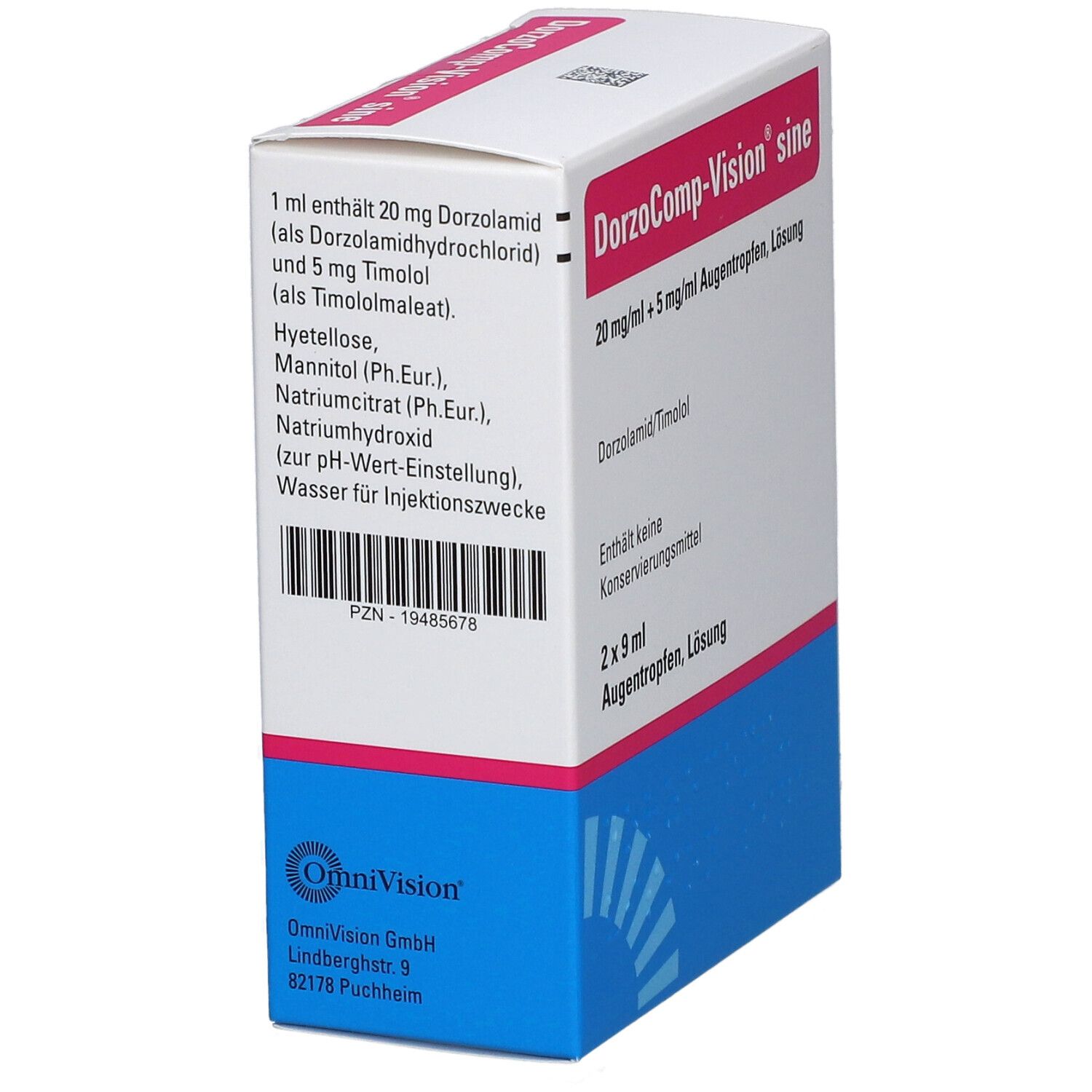 Verpackung von DorzoComp-Vision sine Augentropfen. Enthält 2 x 9 ml Lösung. Aufschrift: 20 mg/ml + 5 mg/ml Augentropfen, Lösung.