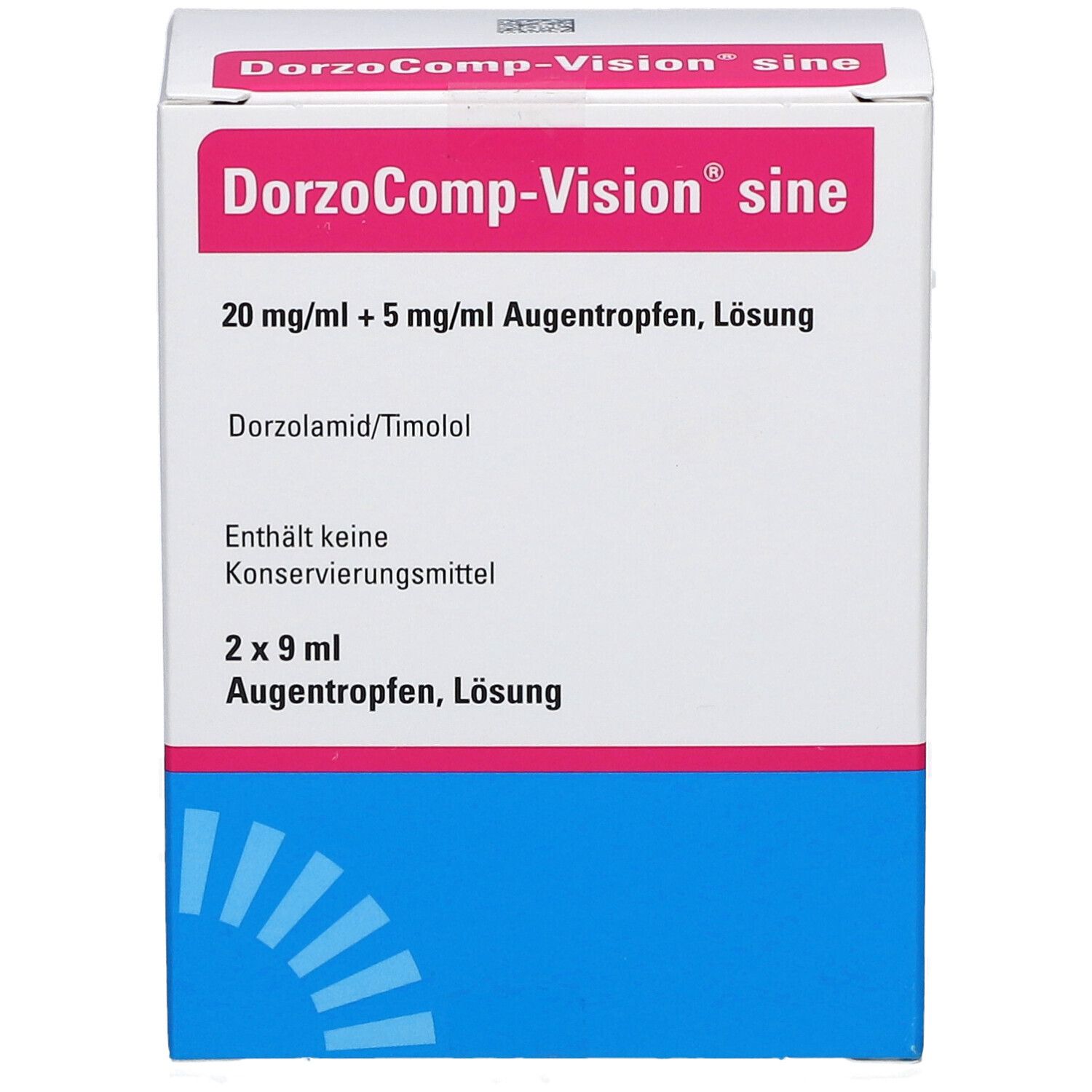 Verpackung von DorzoComp-Vision sine Augentropfen. Enthält 2 x 9 ml Lösung. Aufschrift: 20 mg/ml + 5 mg/ml Augentropfen, Lösung.