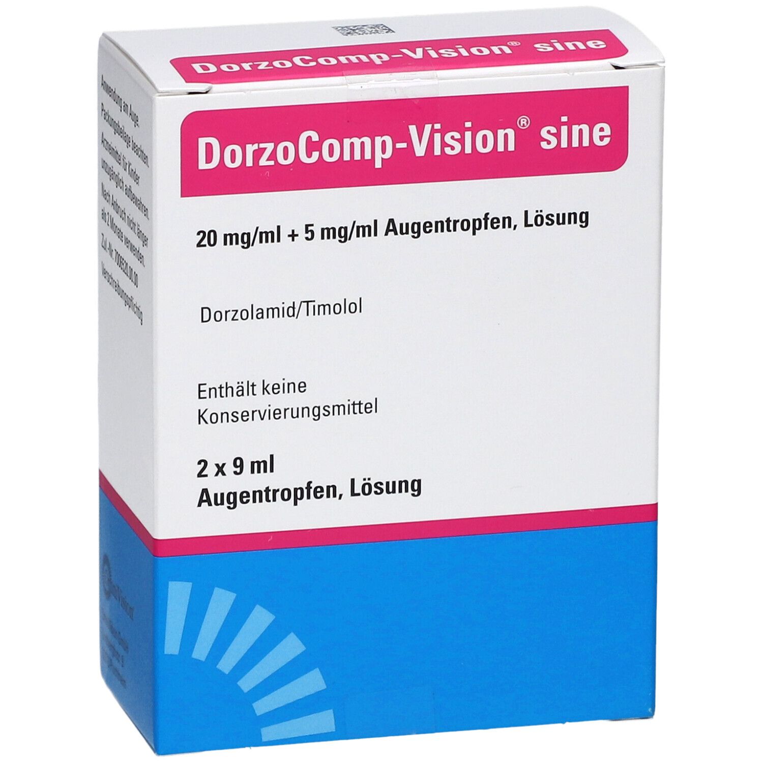 Verpackung von DorzoComp-Vision sine Augentropfen. Enthält 2 x 9 ml Lösung. Aufschrift: 20 mg/ml + 5 mg/ml Augentropfen, Lösung.