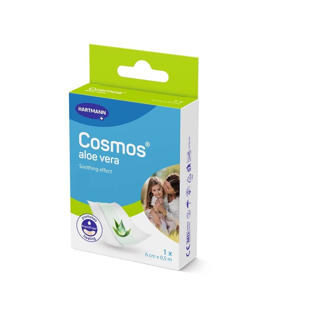 Verpackung von HARTMANN Cosmos® Aloe Vera Pflaster. Blauer Karton mit Produktlogo, Aloe Vera-Motiv und Größenangabe.