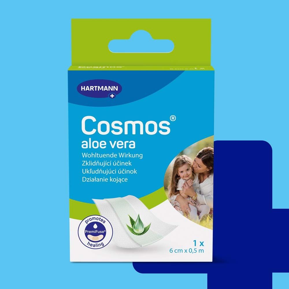 Verpackung mit Cosmos® aloe vera Pflastern. 1 Stück, 6 cm x 0,5 m. Grün-weiß-blaue Verpackung mit Produktabbildung.