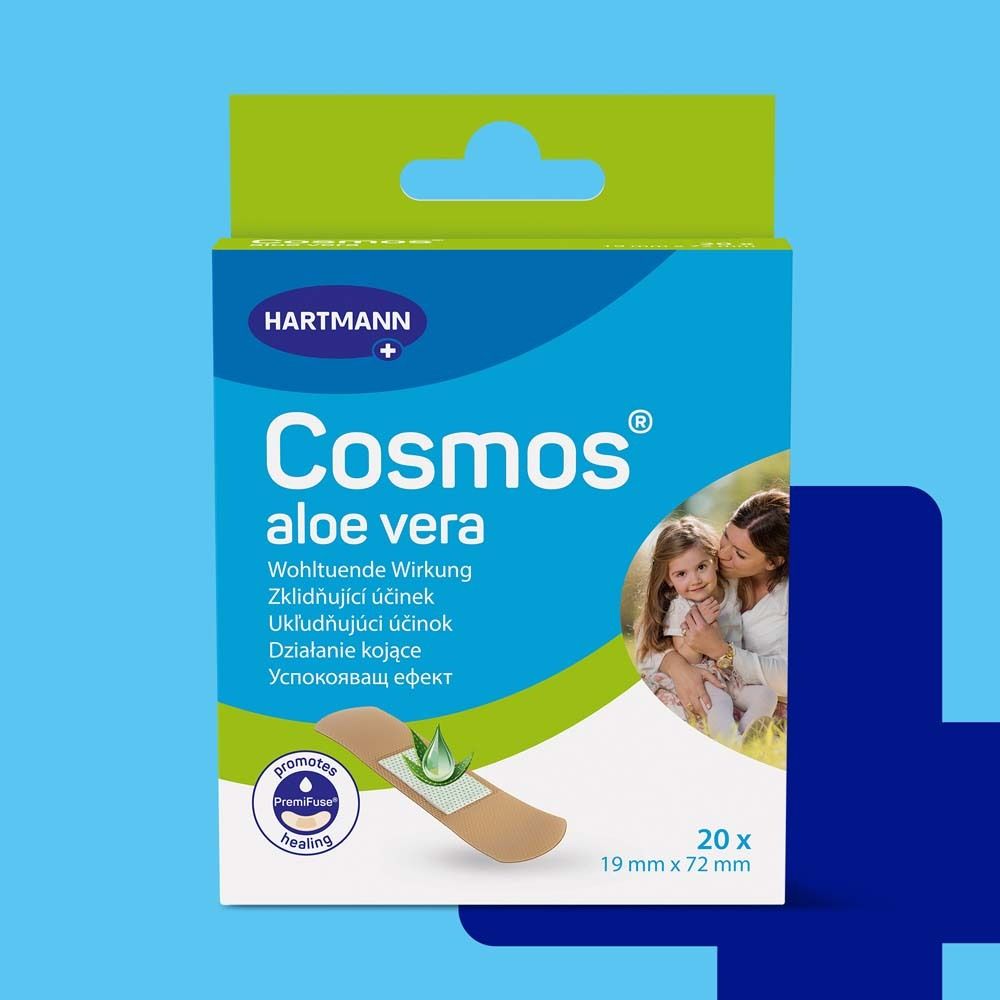 Verpackung mit Cosmos® aloe vera Pflastern. 20 Stück, 19 x 72 mm. Grün-weiß-blaue Verpackung mit Produktabbildung.