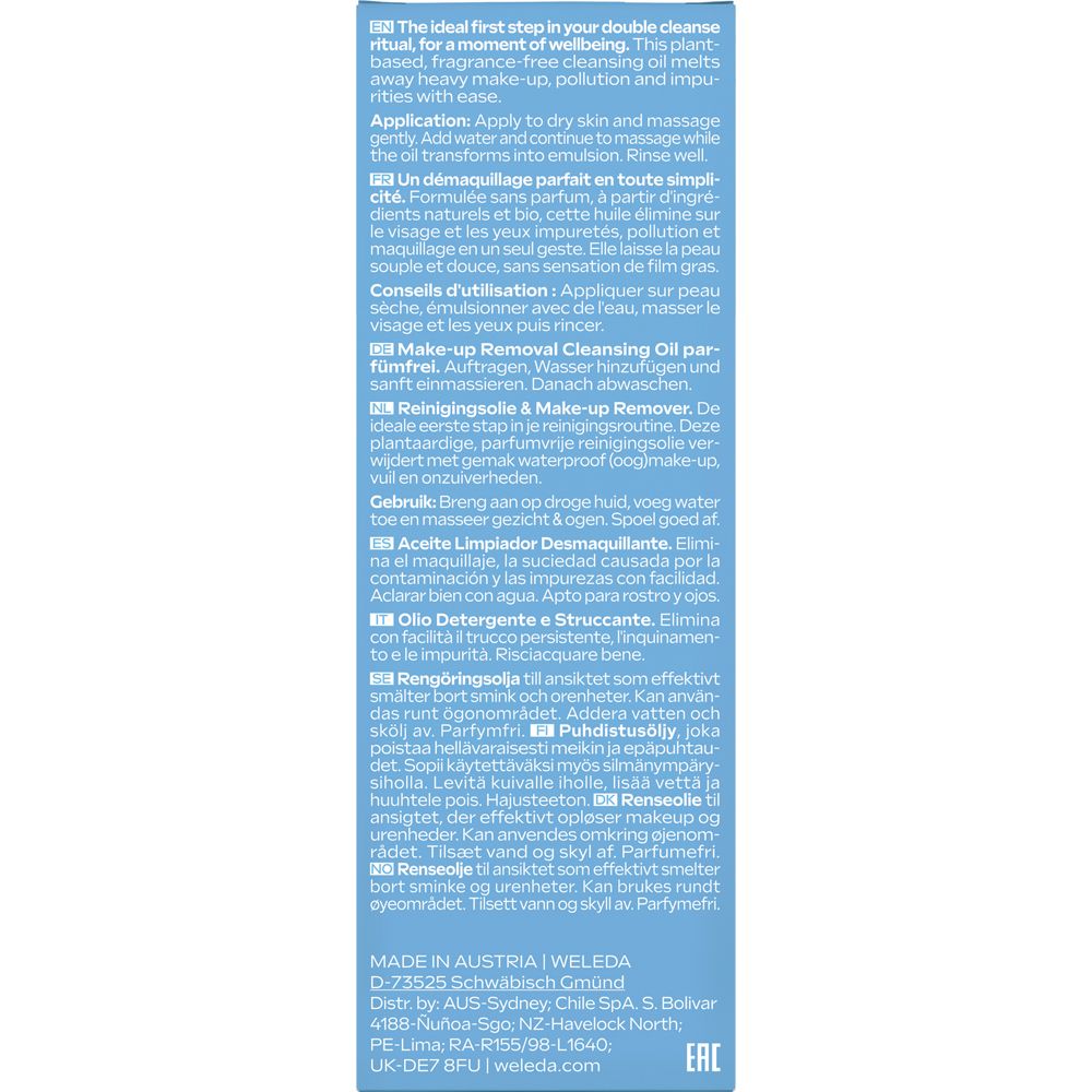 Text auf weißem Hintergrund. Beschreibt die Anwendung des Reinigungsöls. Enthält Informationen zu Inhaltsstoffen und Herkunft.