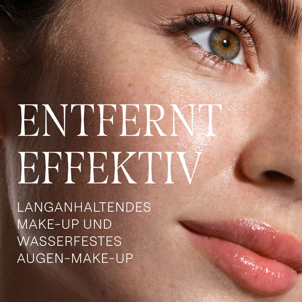 Nahaufnahme eines Gesichts. Text: Entfernt effektiv langanhaltendes Make-up und wasserfestes Augen-Make-up.