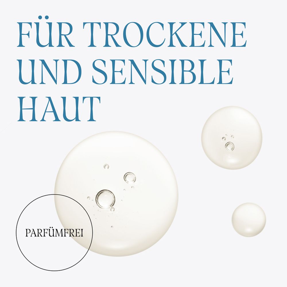 Nahaufnahme von Öl. Text: Für trockene und sensible Haut. Parfümfrei.