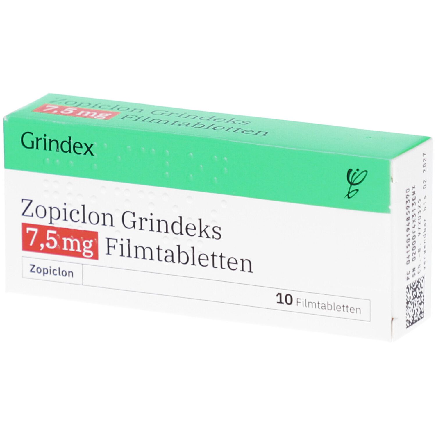 Schachtel mit Zopiclon Grindeks 7,5 mg Filmtabletten. Grün-weiße Verpackung mit Produktnamen und Dosierung.