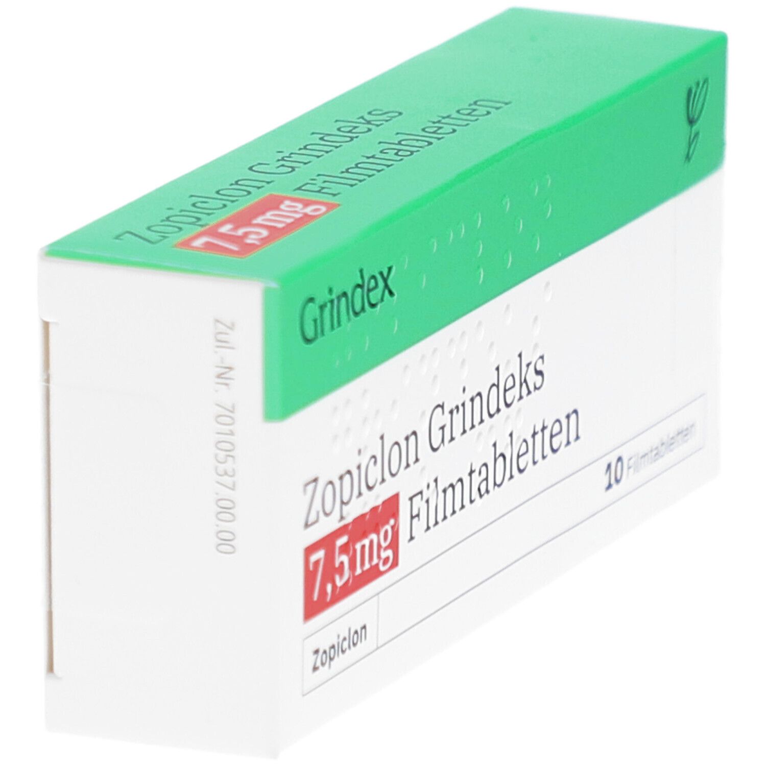 Schachtel Zopiclon Grindeks 7,5 mg Filmtabletten. Schräge Ansicht der Verpackung, grün-weiß mit Produktinformationen.