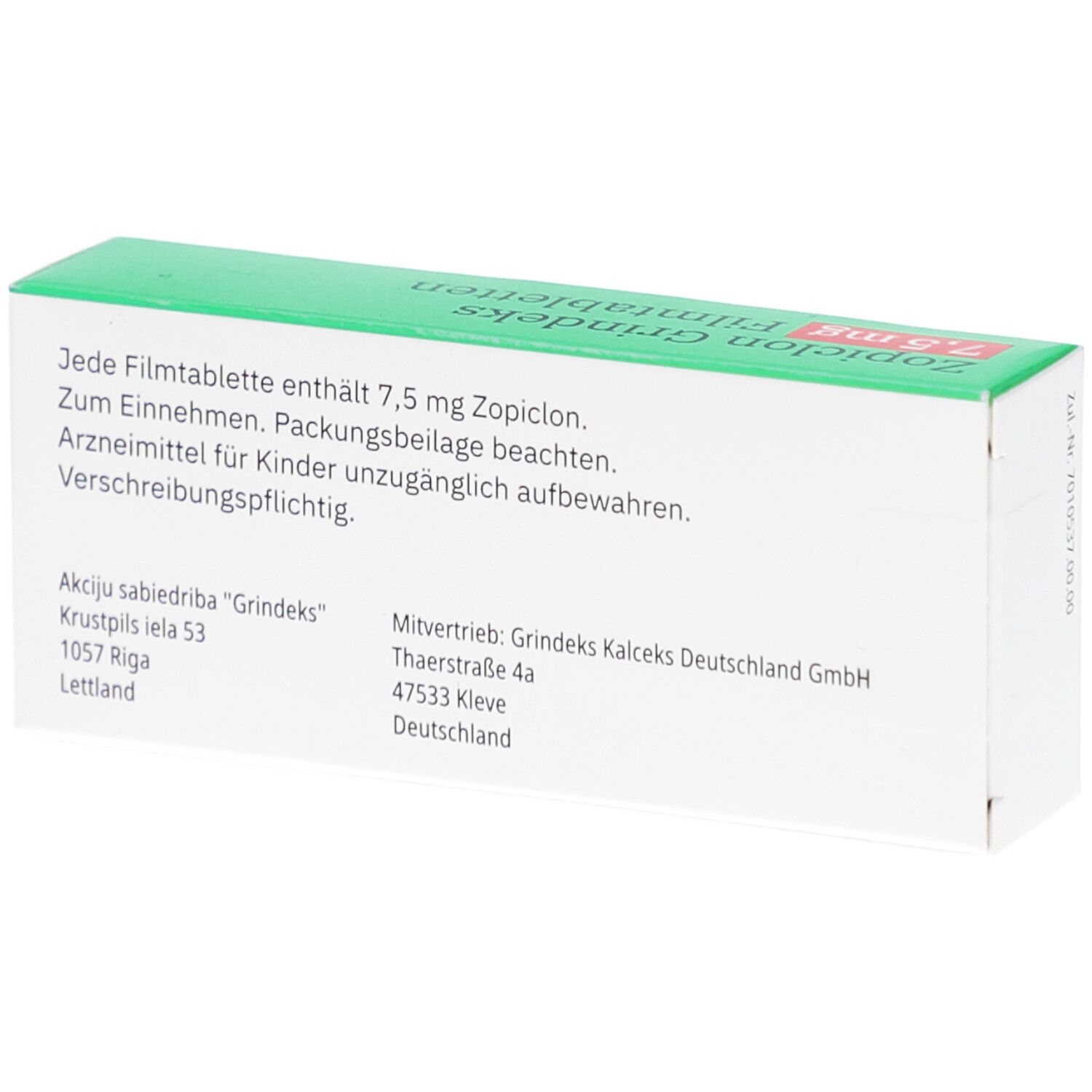 Rückseite der Schachtel Zopiclon Grindeks 7,5 mg Filmtabletten. Text mit Inhaltsstoffen, Dosierung und Herstellerinformationen.