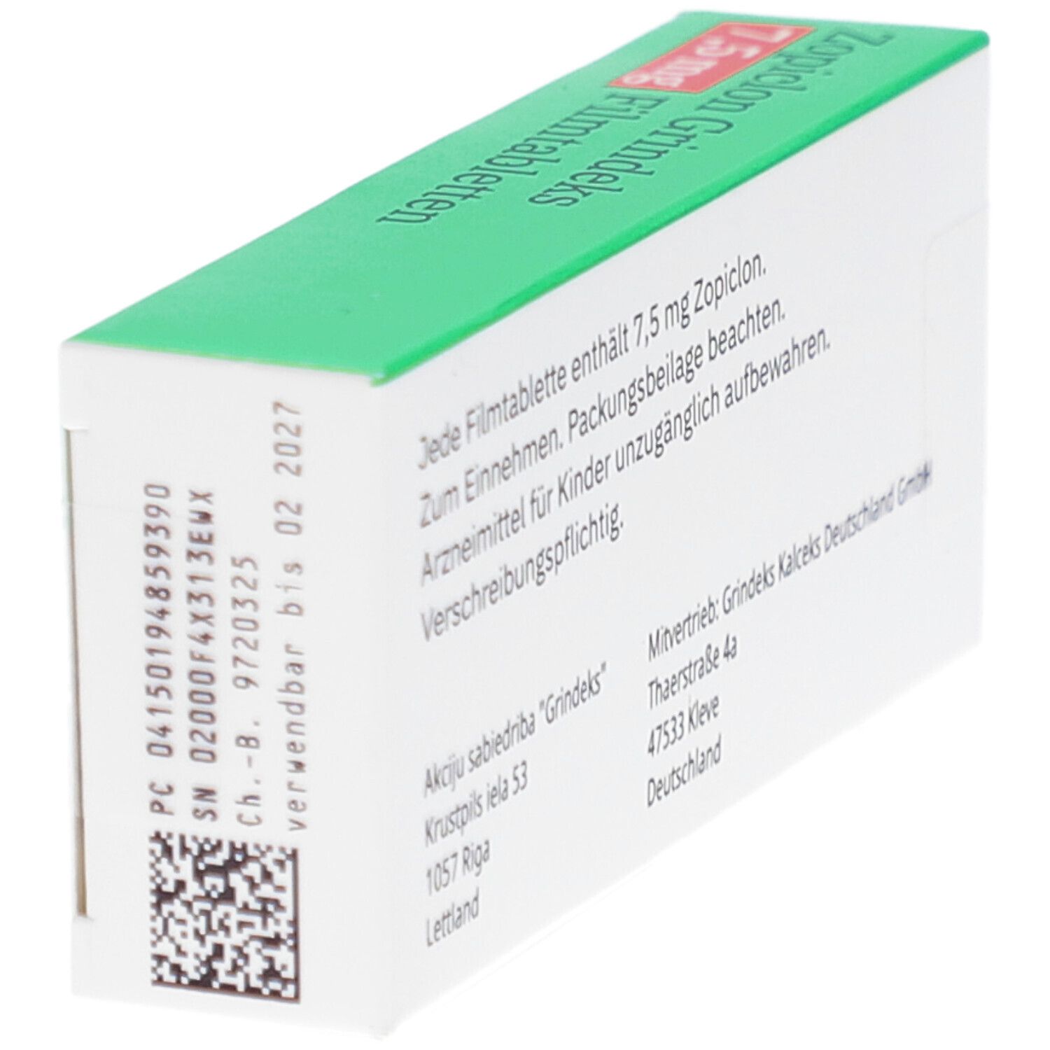 Schachtel Zopiclon Grindeks 7,5 mg Filmtabletten. Detailansicht der Rückseite mit Text und Barcode.