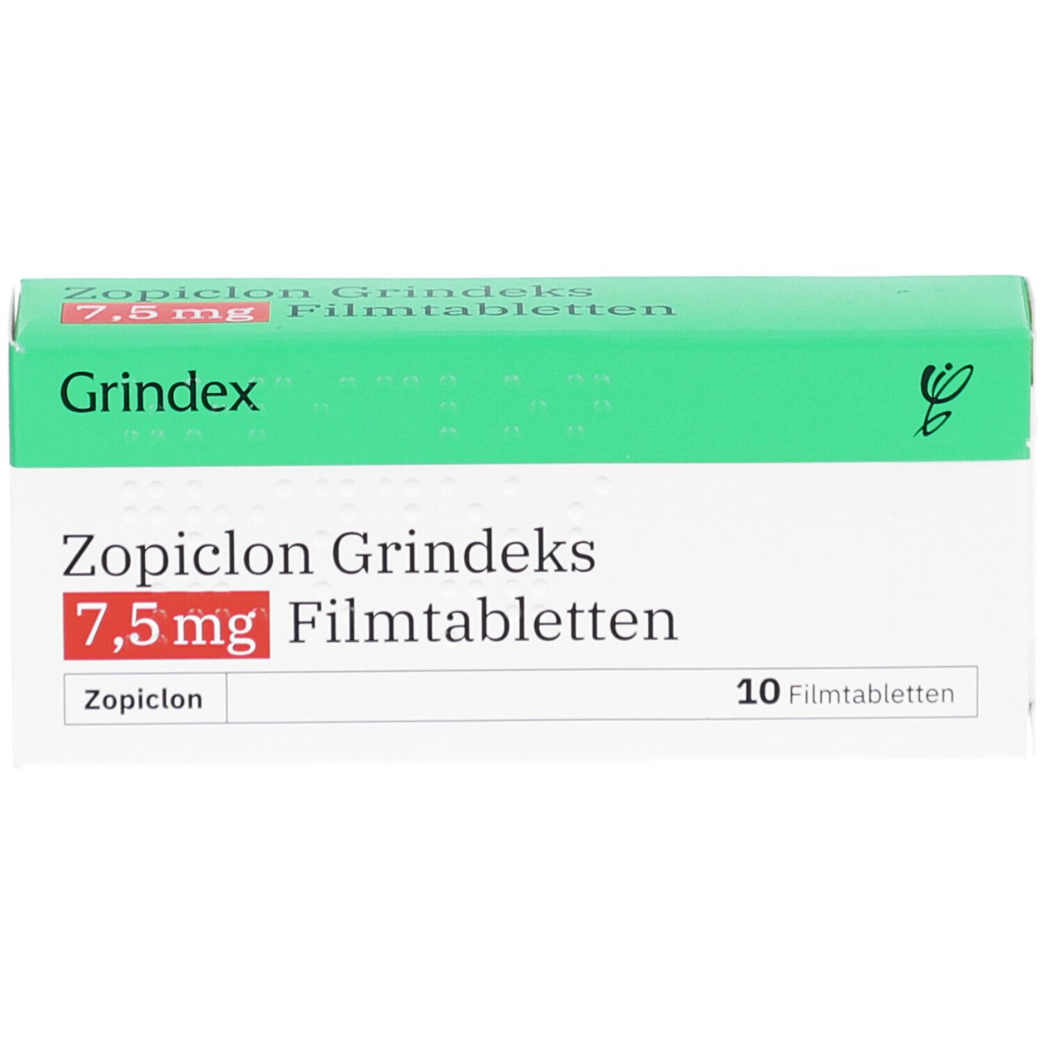 Schachtel Zopiclon Grindeks 7,5 mg Filmtabletten. Draufsicht auf die Verpackung, grün-weiß mit Produktinformationen.