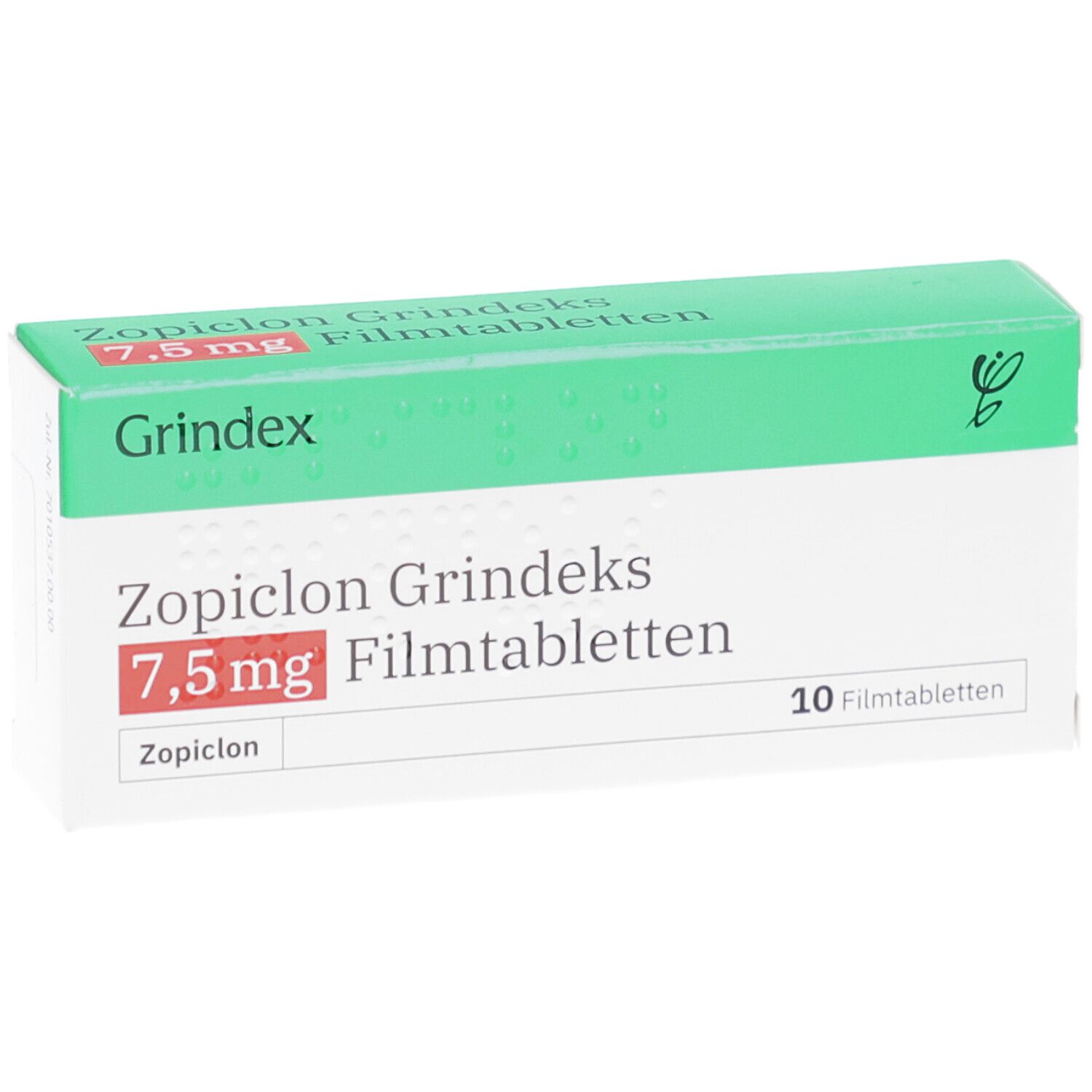 Schachtel Zopiclon Grindeks 7,5 mg Filmtabletten. Draufsicht auf die Verpackung, grün-weiß mit Produktinformationen.